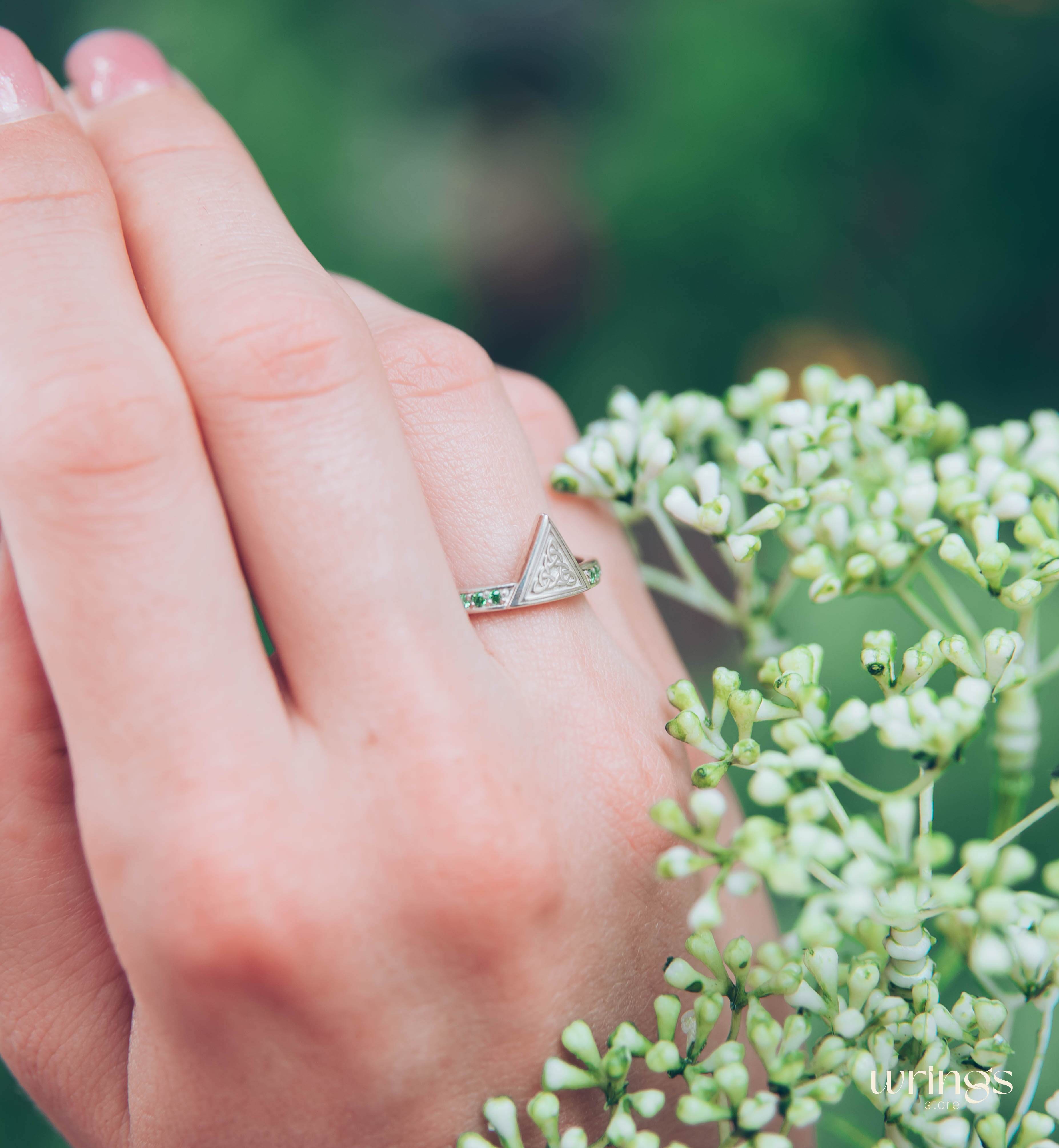Engraved Celtic Trinity Triangle Ring with Side Emeralds