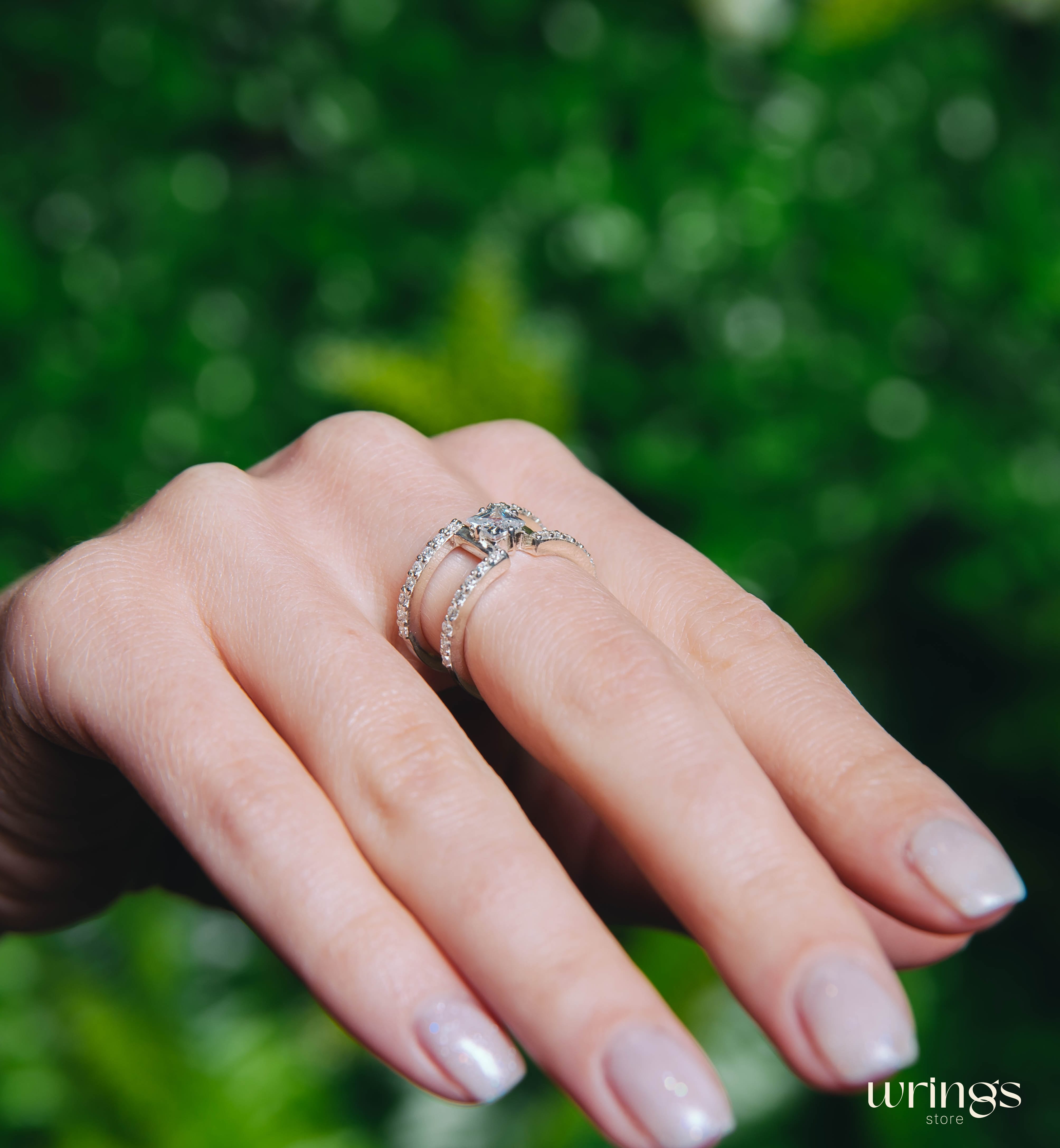 Double Band Silver Cocktail Ring Square Faux Diamond