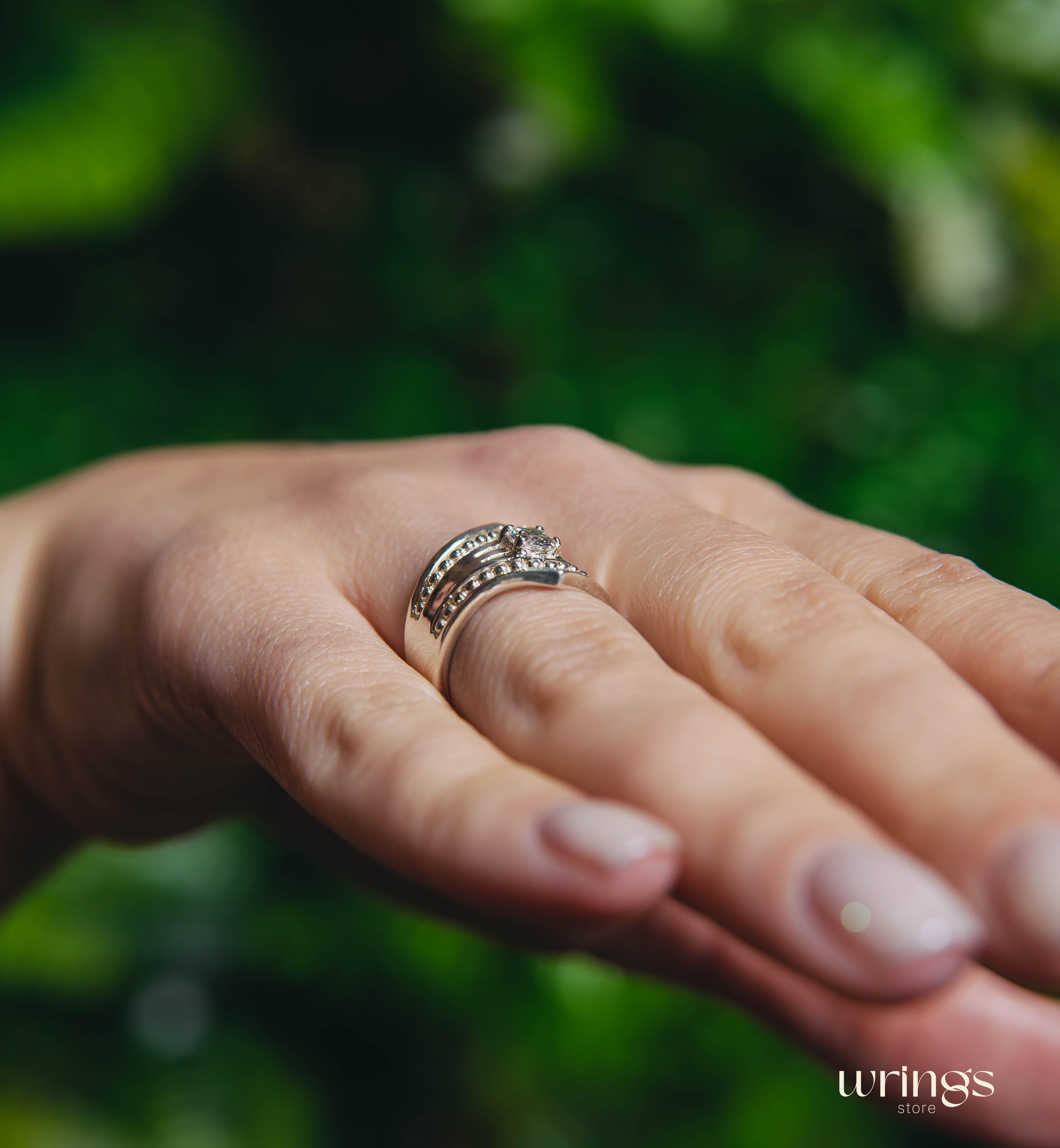 Extra Wide Beaded Chevron Cocktail Ring White Stone