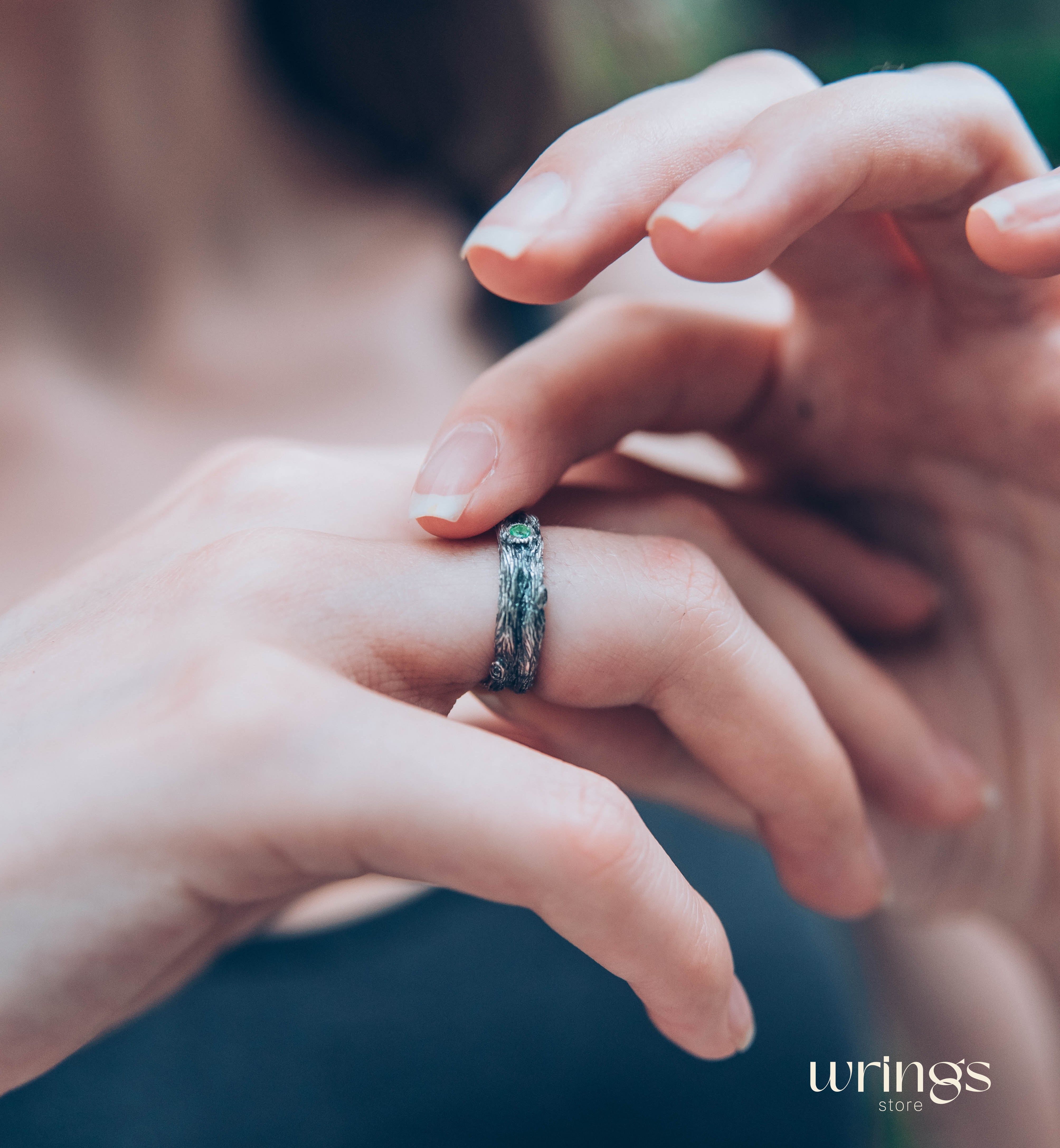 Tree Branch and knots Silver Ring with Emerald