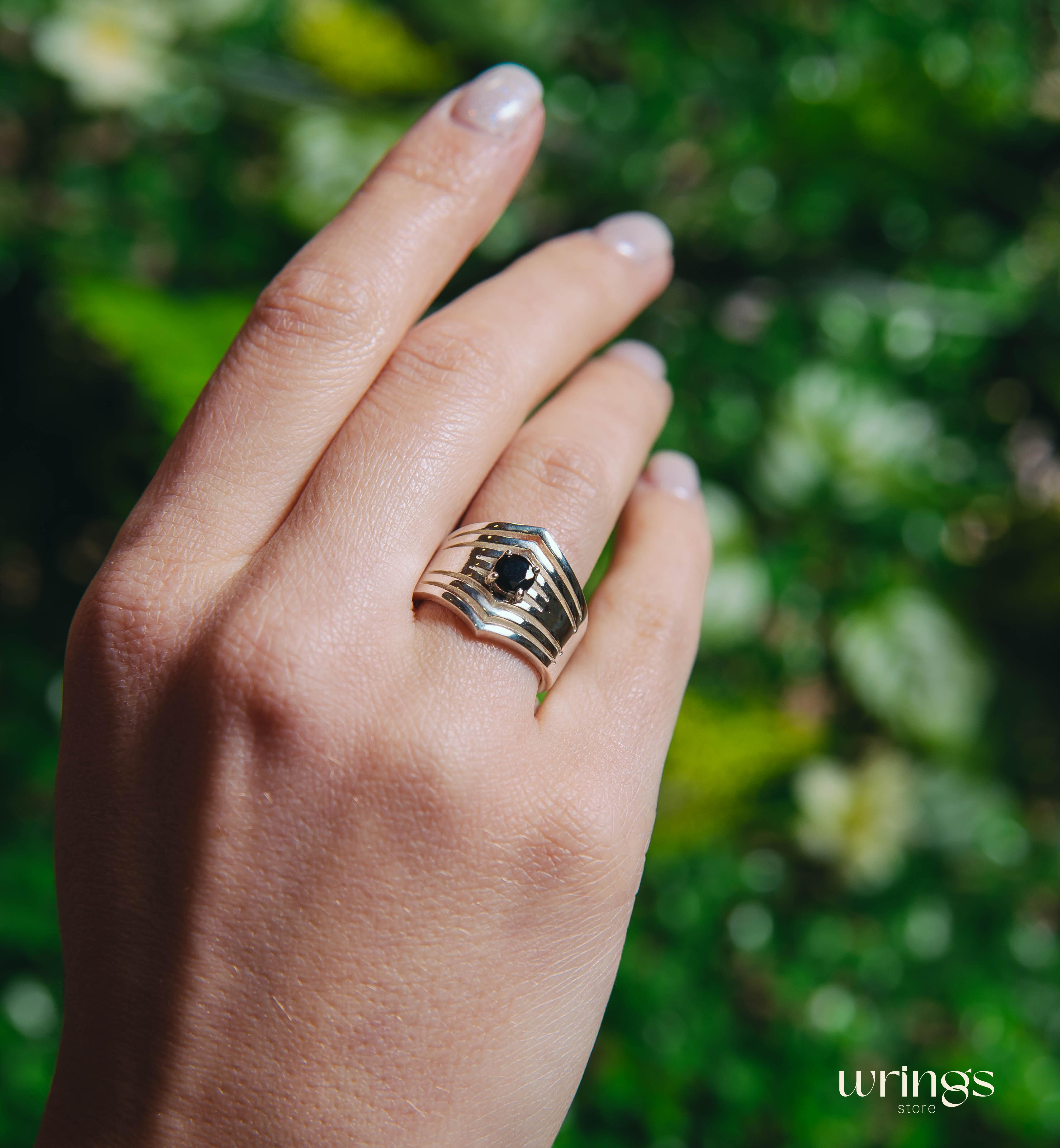 Extra Wide Silver Chevron Band Simulated Black Diamond