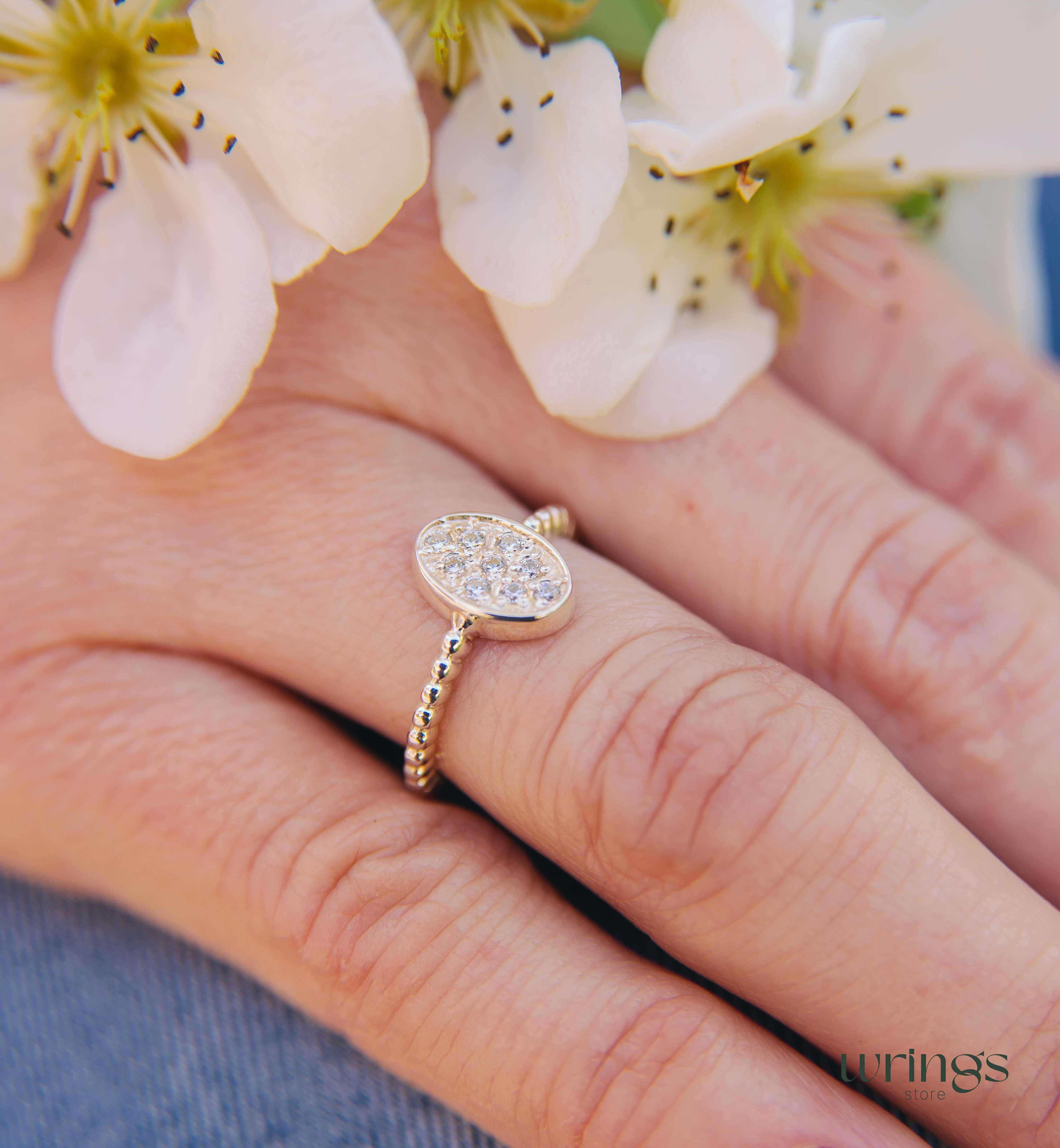 Pave Style Diamonds Bubble Oval Ring Silver