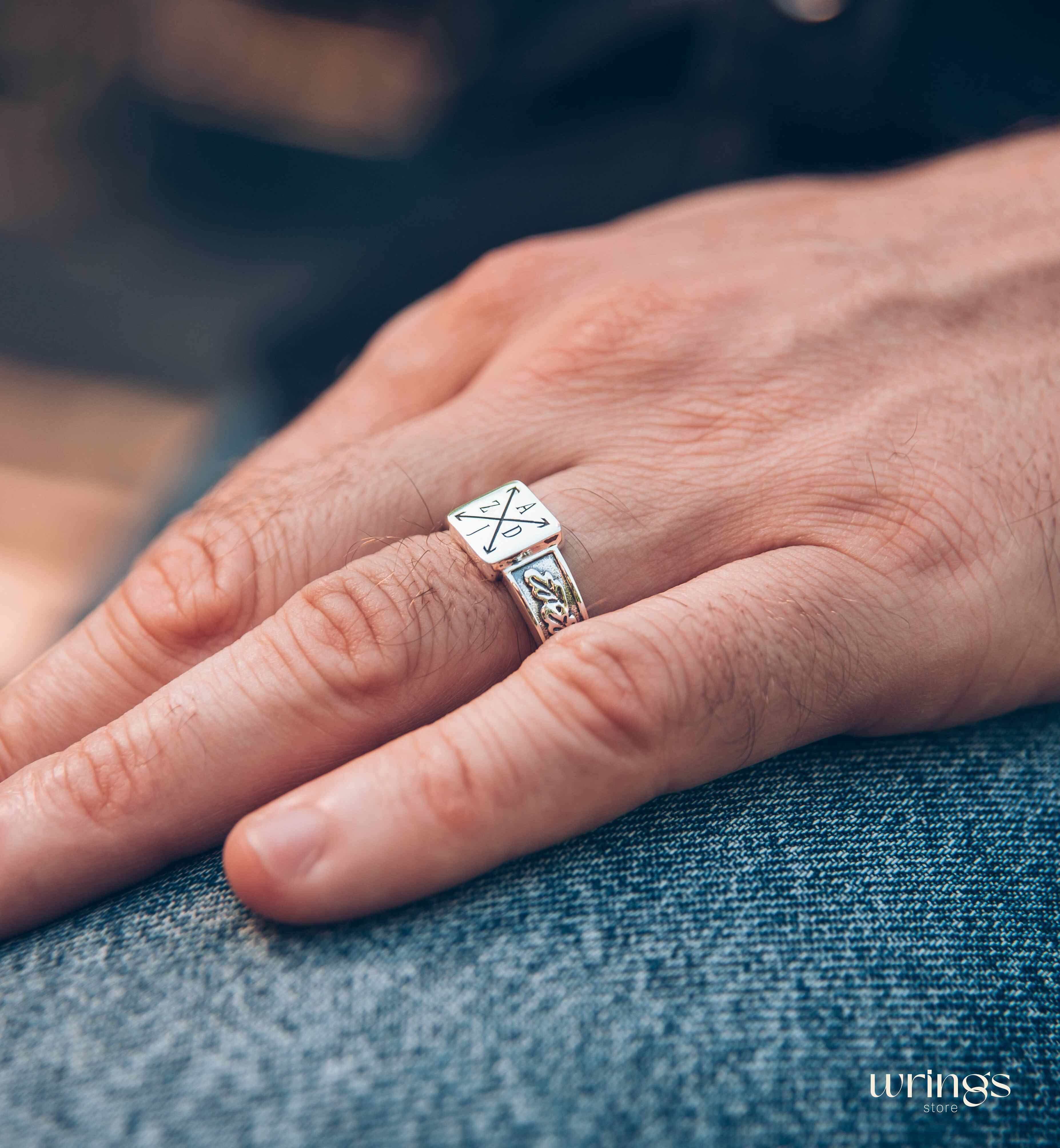 Initials and Monogram Signet Ring Engraved Oak Leaves