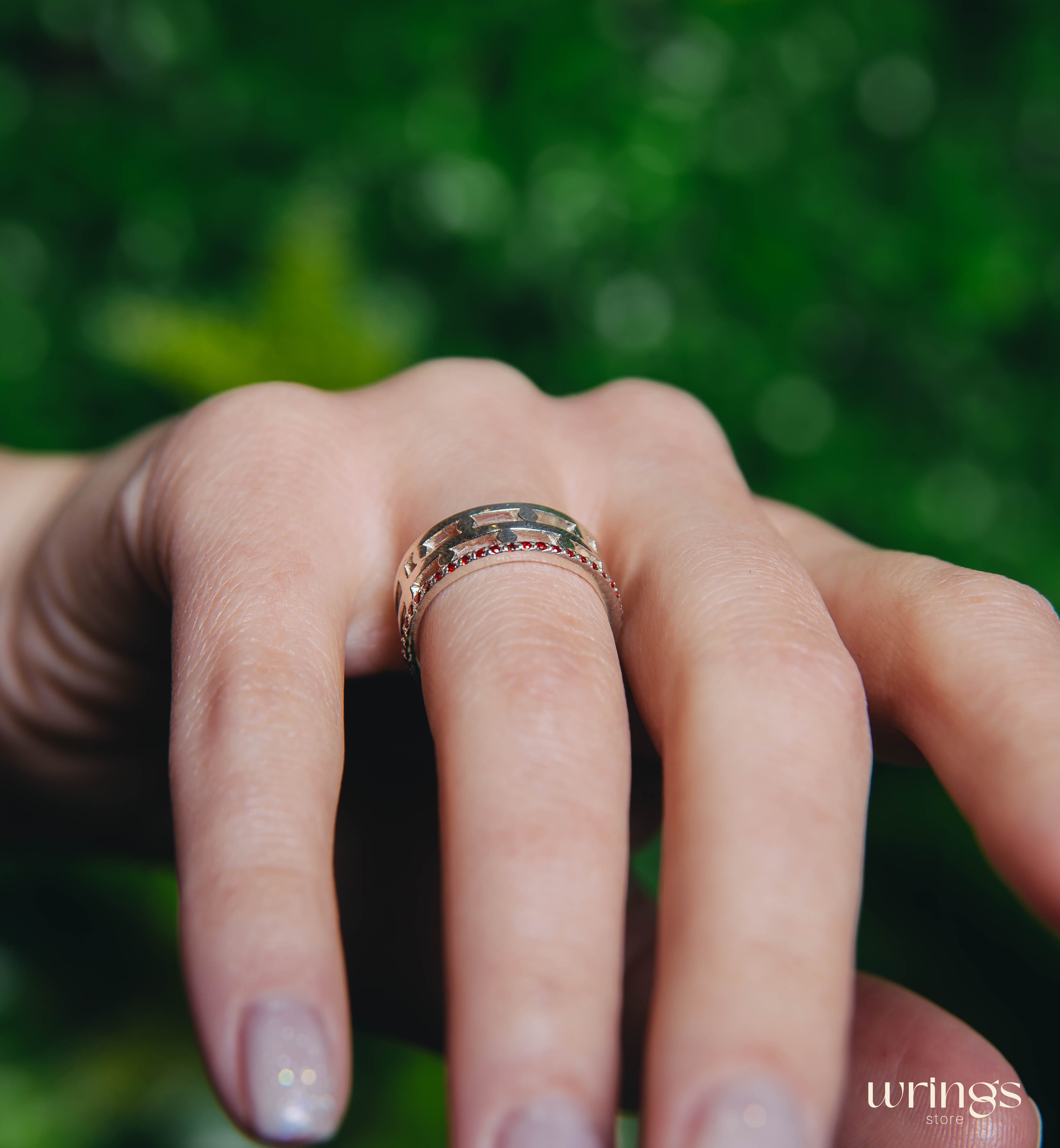 Silver Wedding Band Garnets and Dots Modern Style