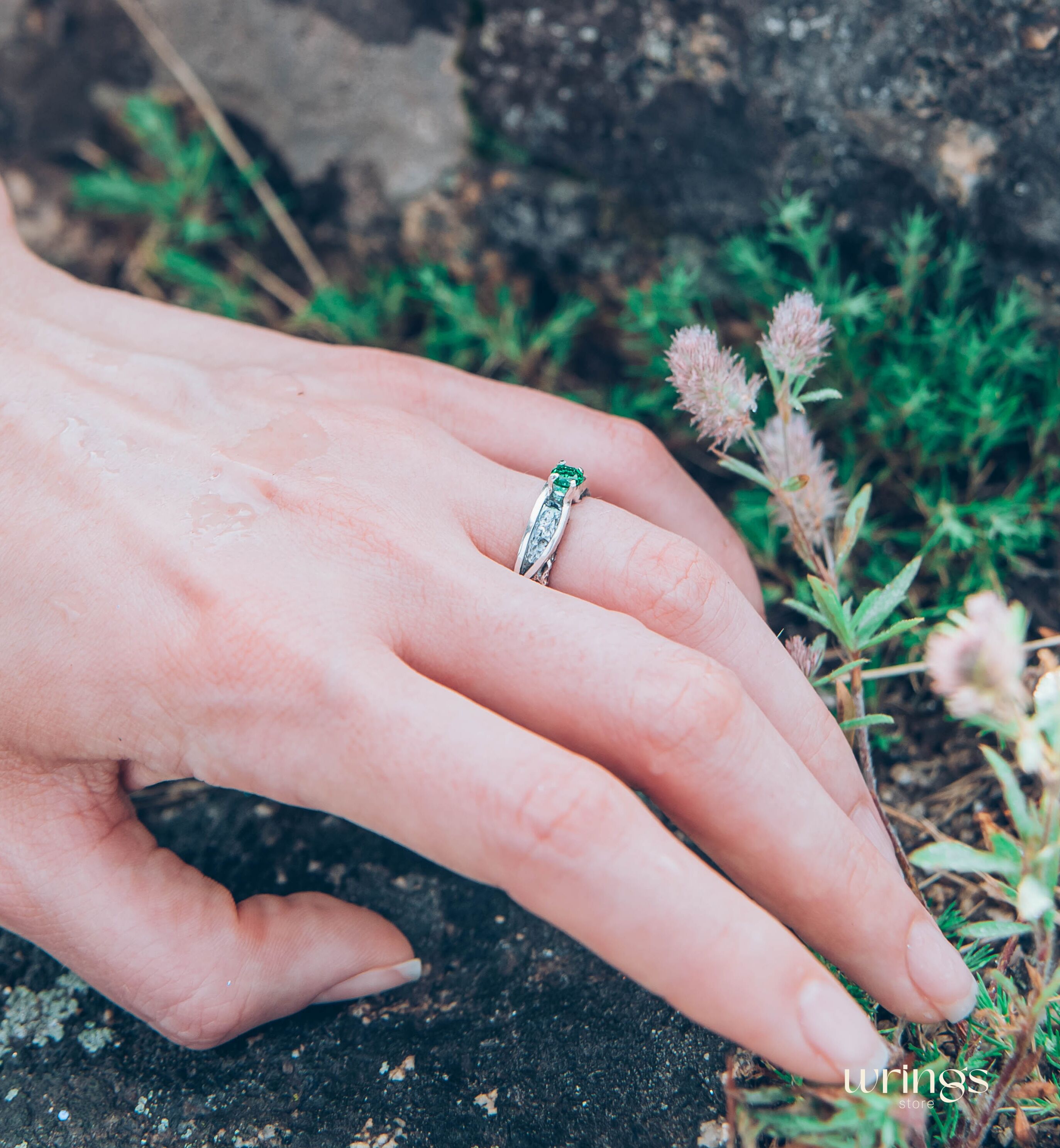 Avant garde Silver Hammered Engagement Ring with Emerald