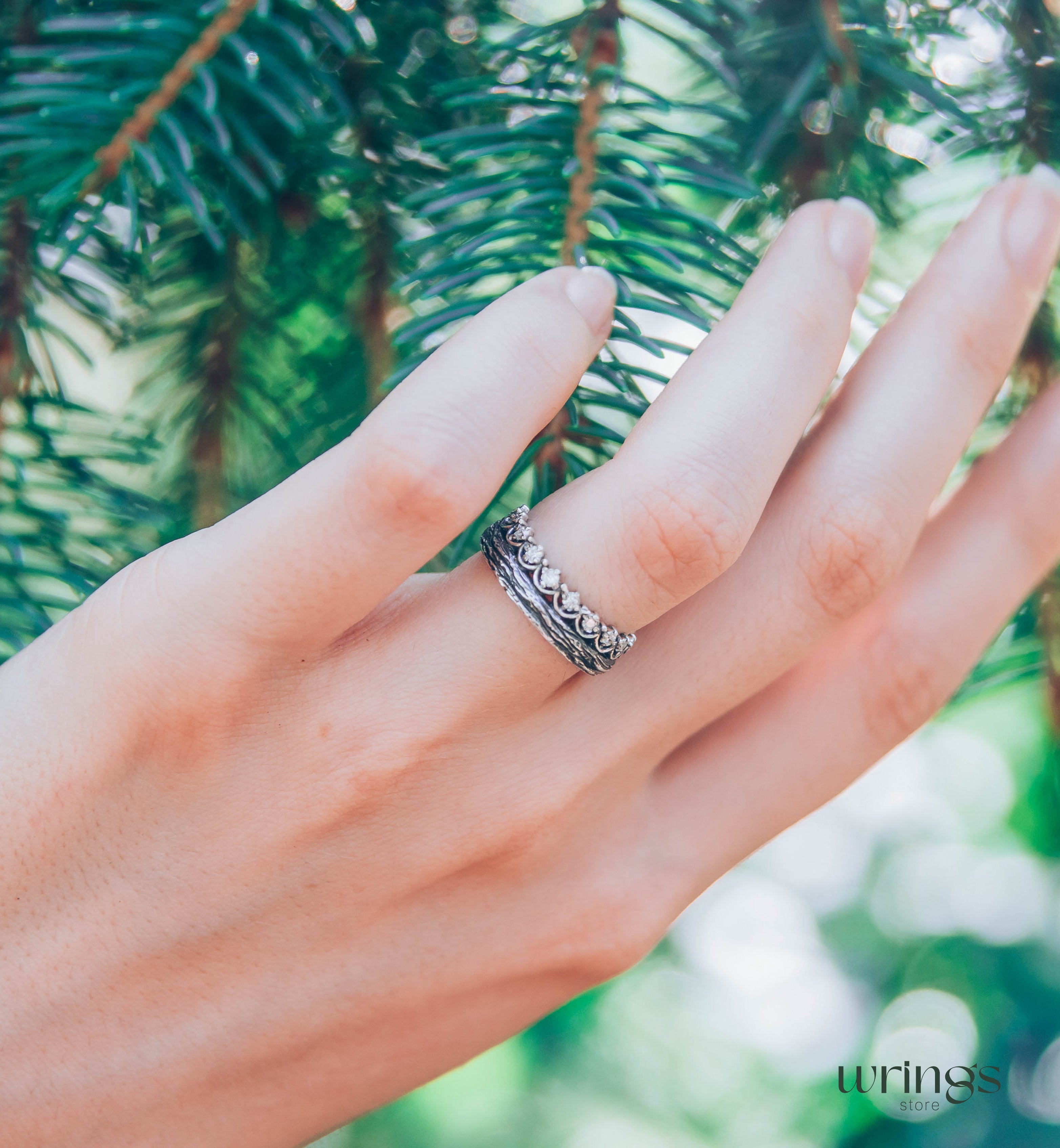 Princess Crown Wedding Ring with Gems & Twig Silver Band