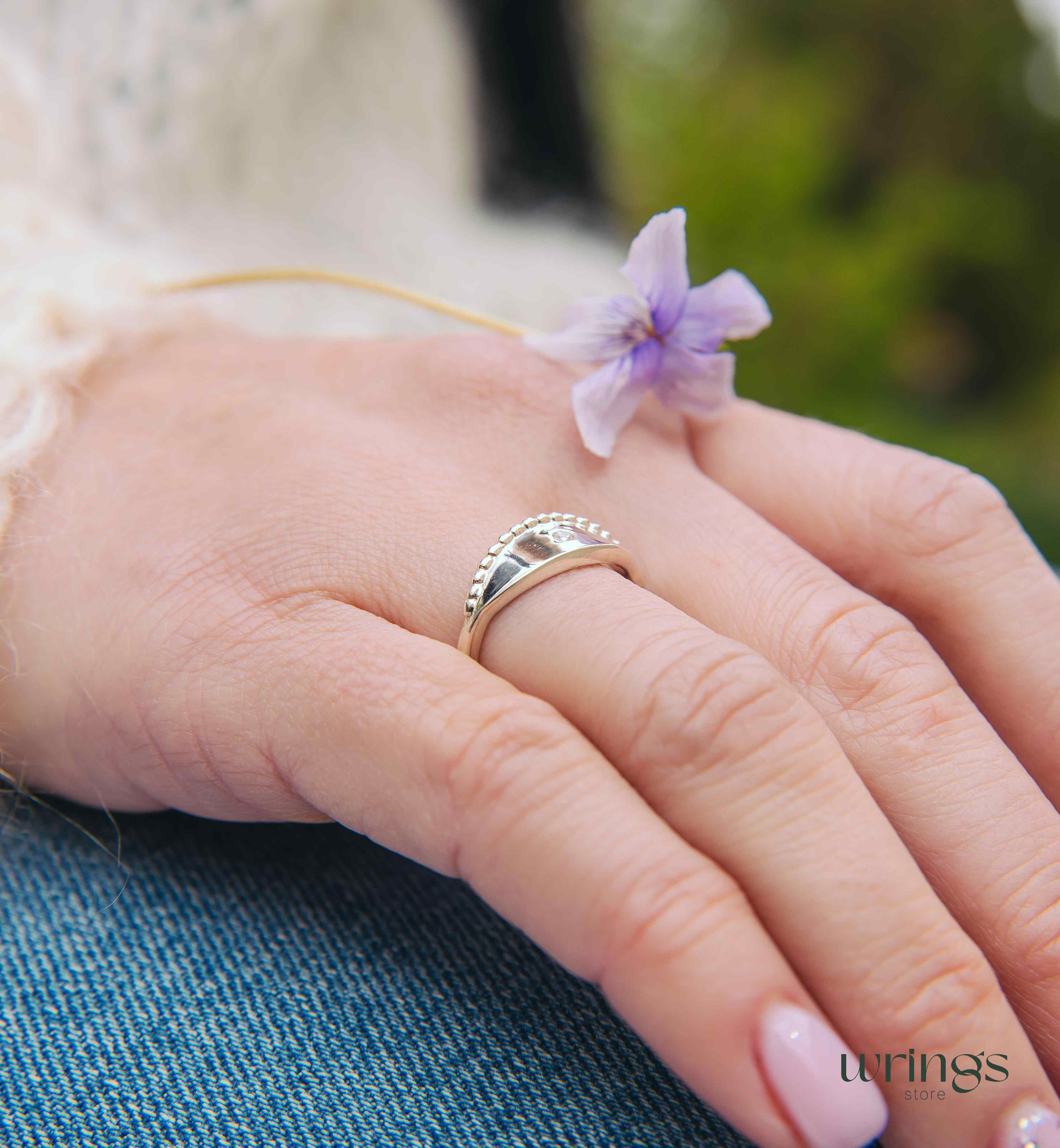 Unique Sterling Silver Boho Wedding Ring with Diamond