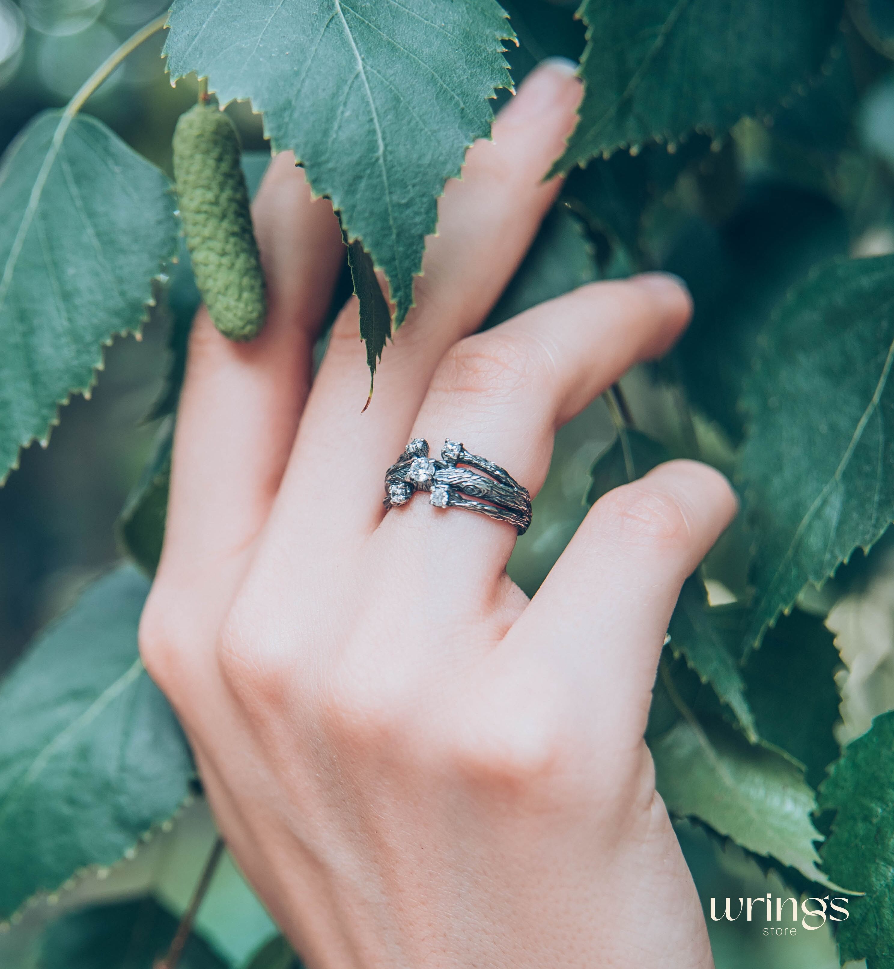 Three Branches & 5 Gemstones Womens Silver Ring
