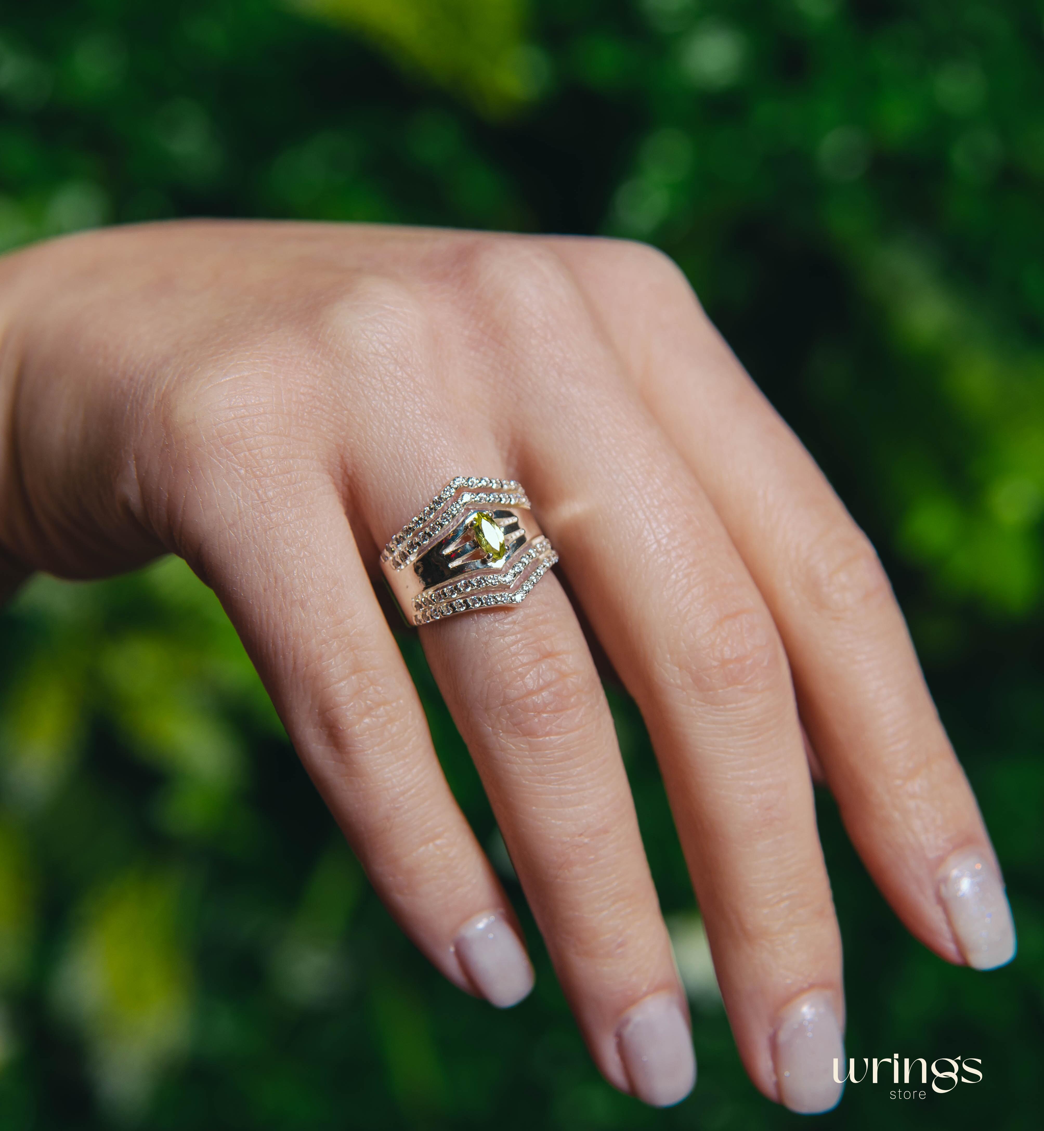 Wide Double Chevron Statement Ring Peridot & Diamonds