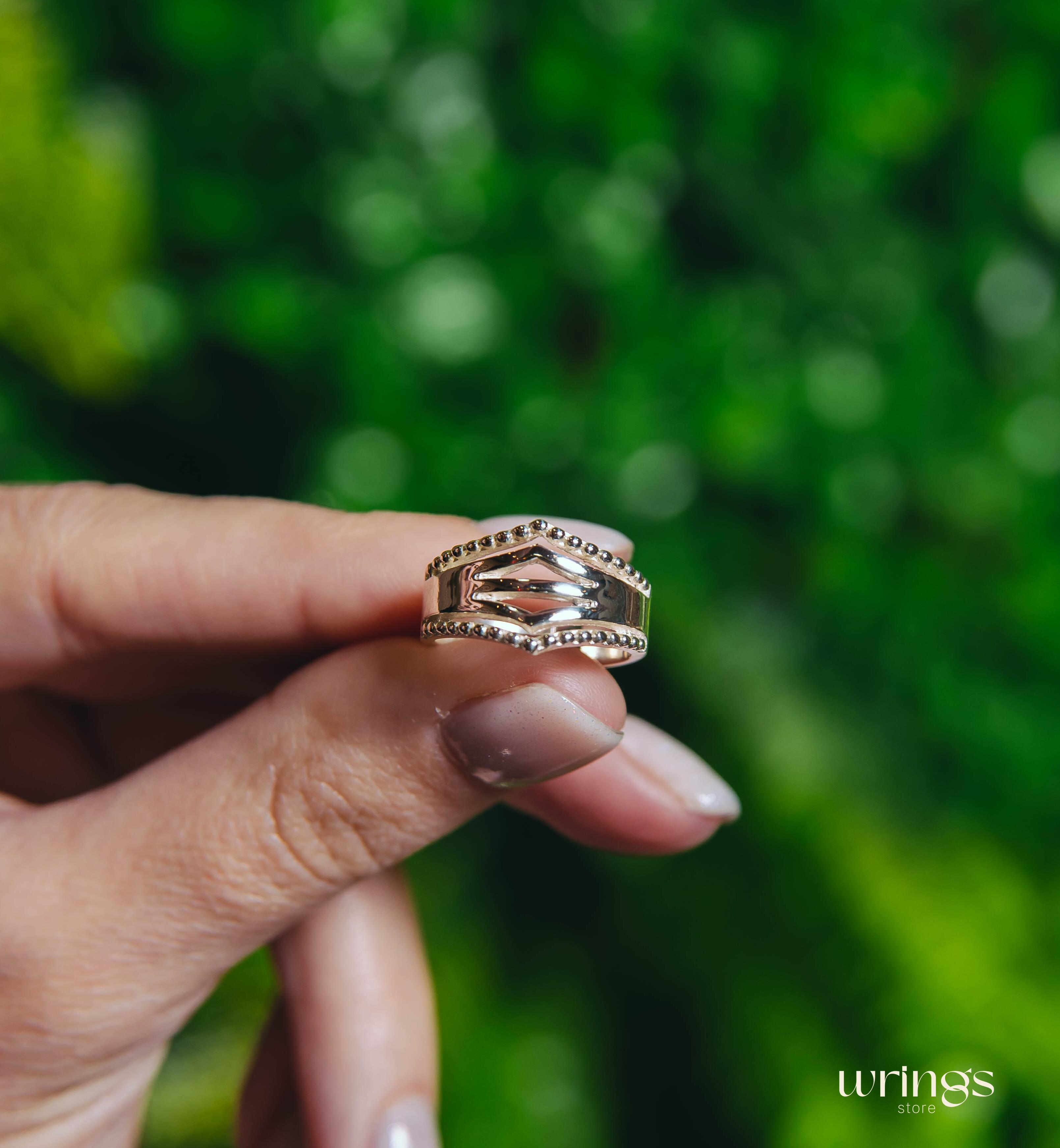 Beaded Band Double V Pinky Ring Silver Casual Design
