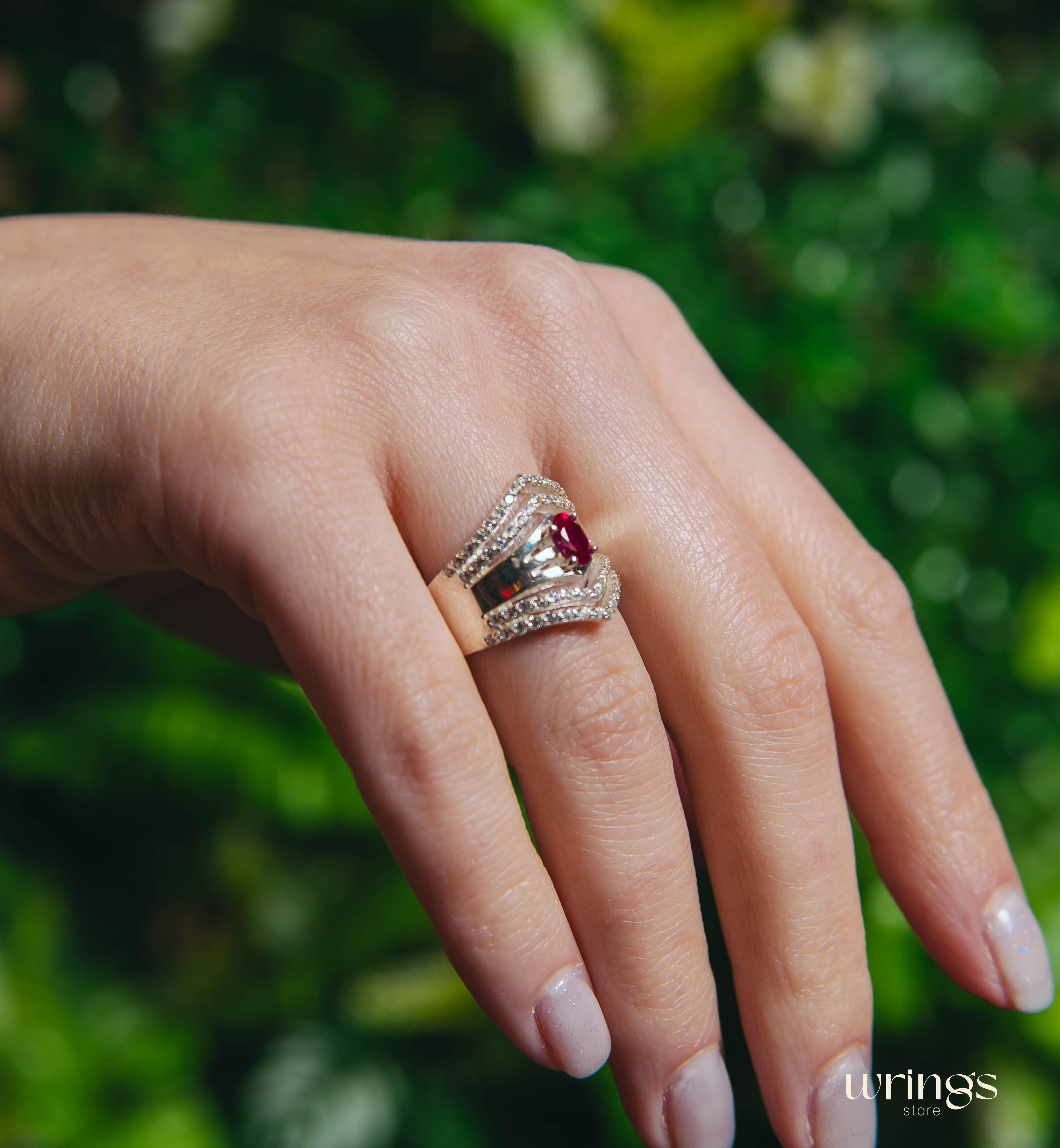Extra Wide Silver Chevron Band Oval Ruby & Faux Diamonds