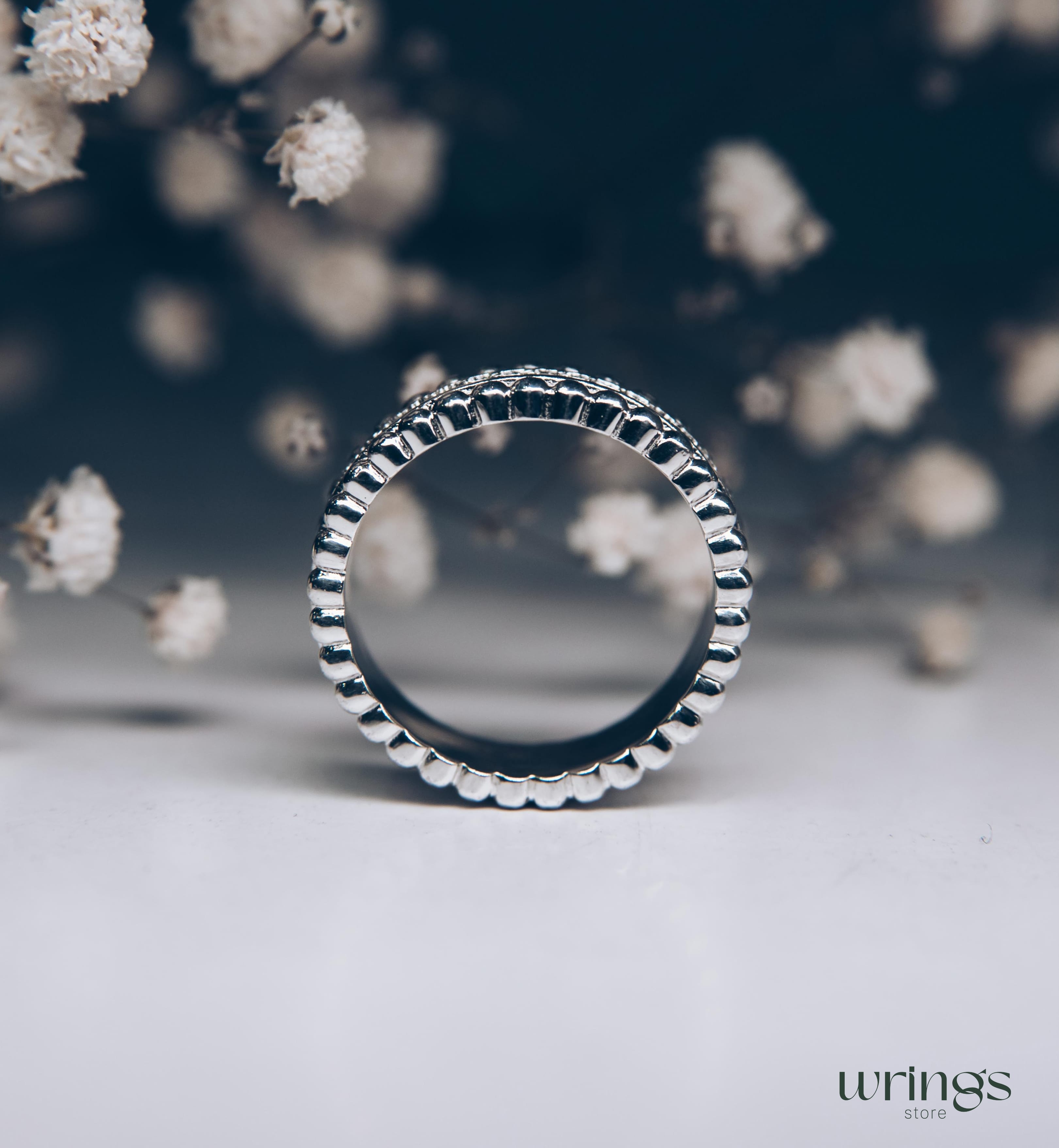 Unique Beaded Silver Half Eternity Band with Diamonds