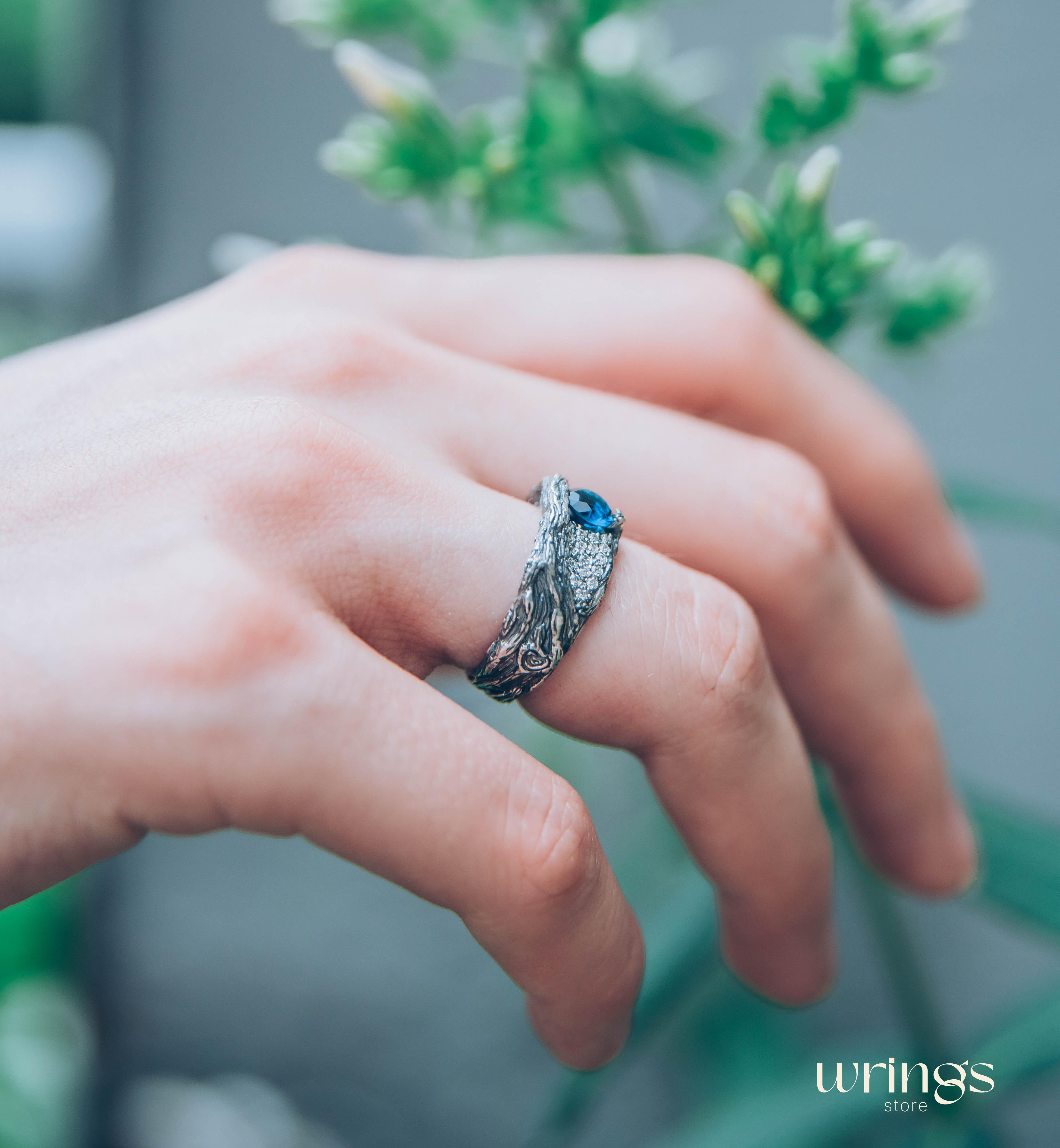 Chunky Silver Branch & Sapphire Ring adorned with CZ Accents