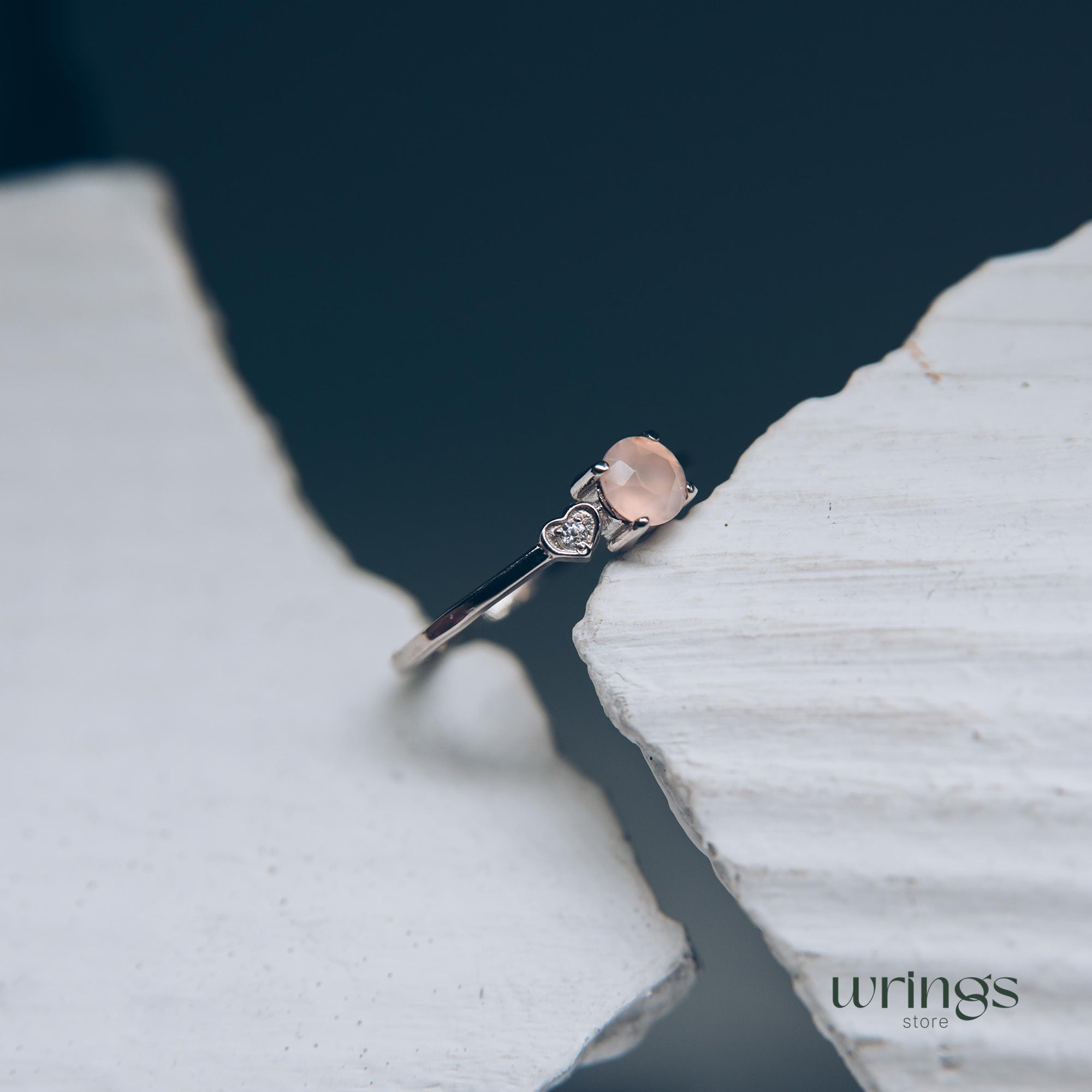 Rose Quartz Engagement Ring Silver & CZ Heart