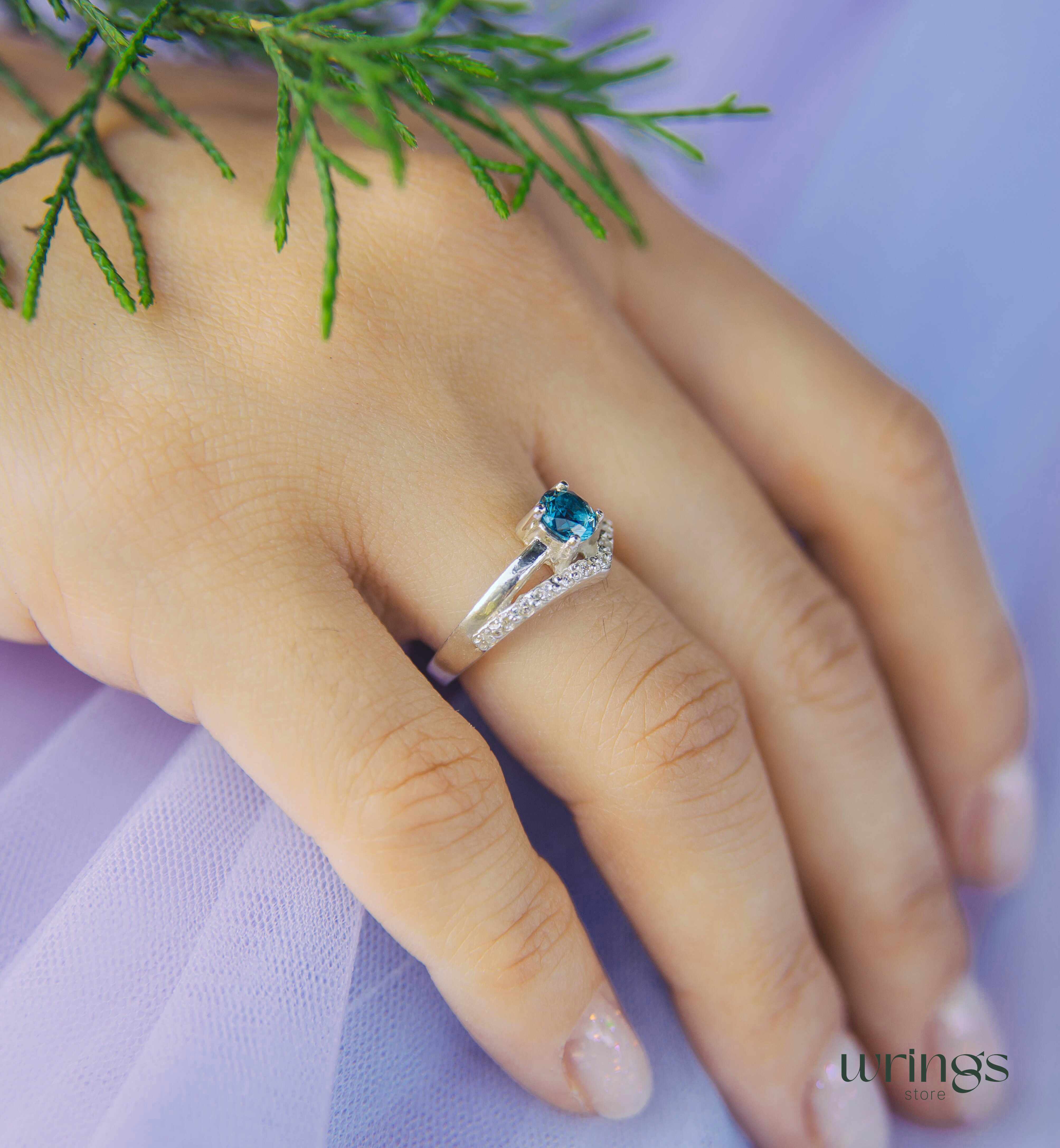 London Blue Topaz Chevron Engagement Ring Silver & CZ