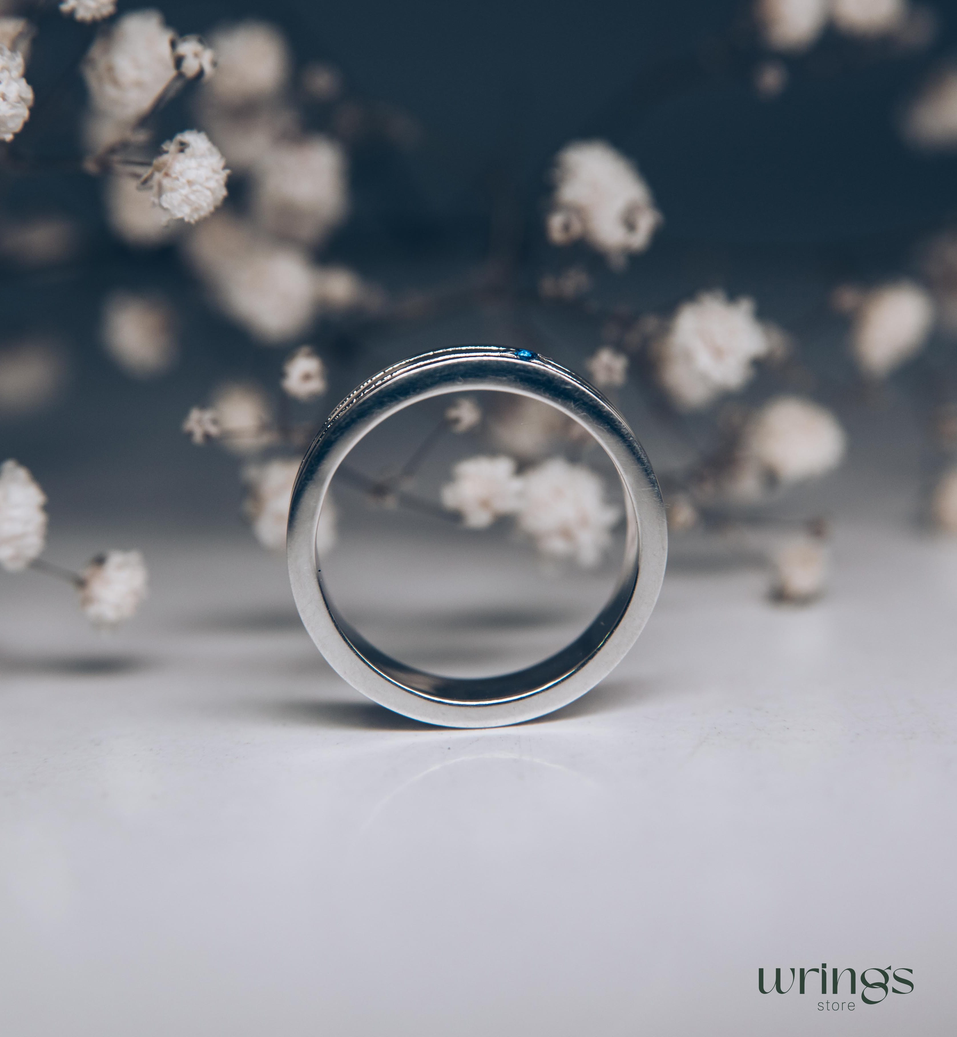 Womens Engraved Silver Wedding Band with Sapphire