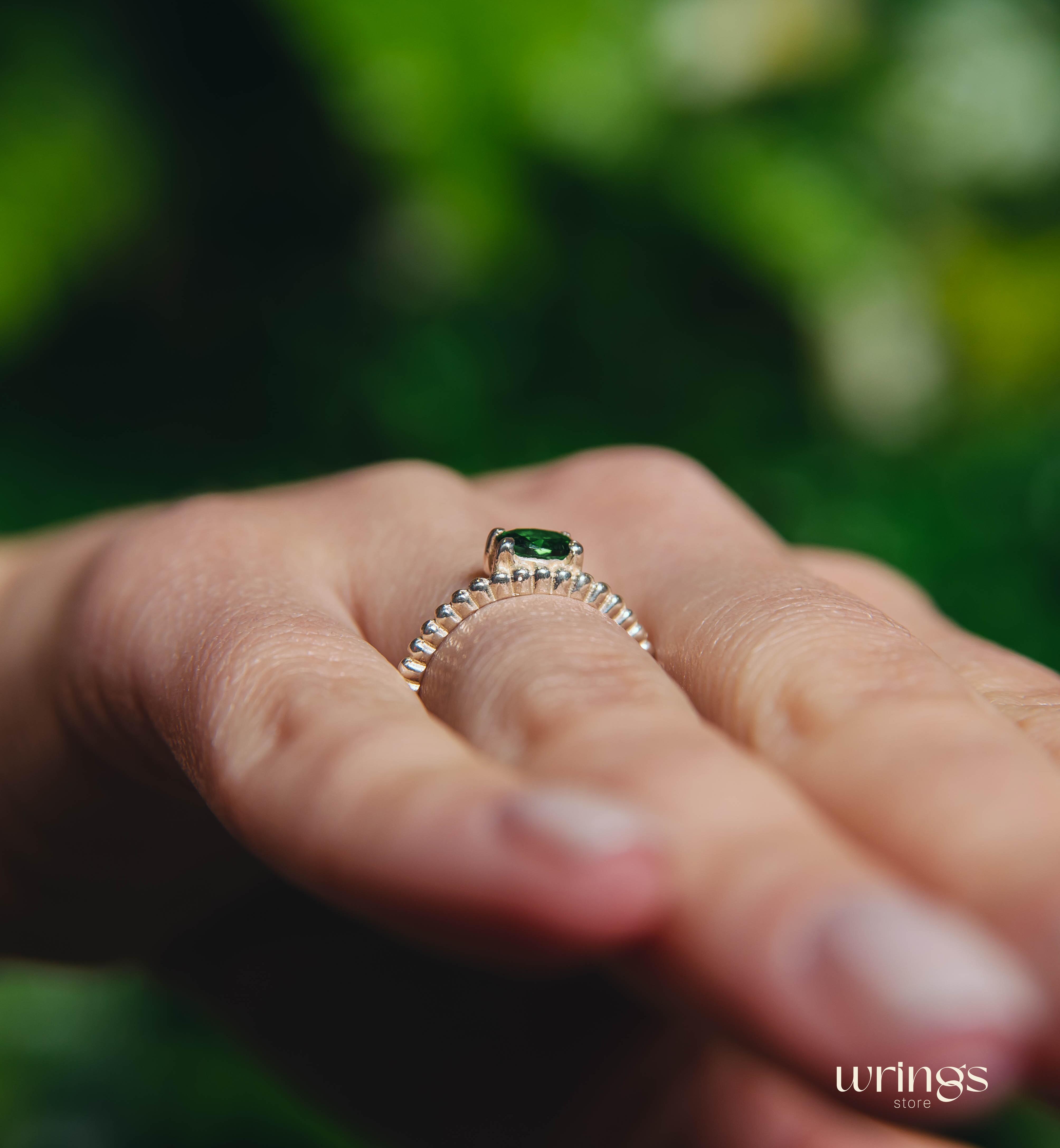 Thin Silver Beaded Engagement Ring with Green Tourmaline