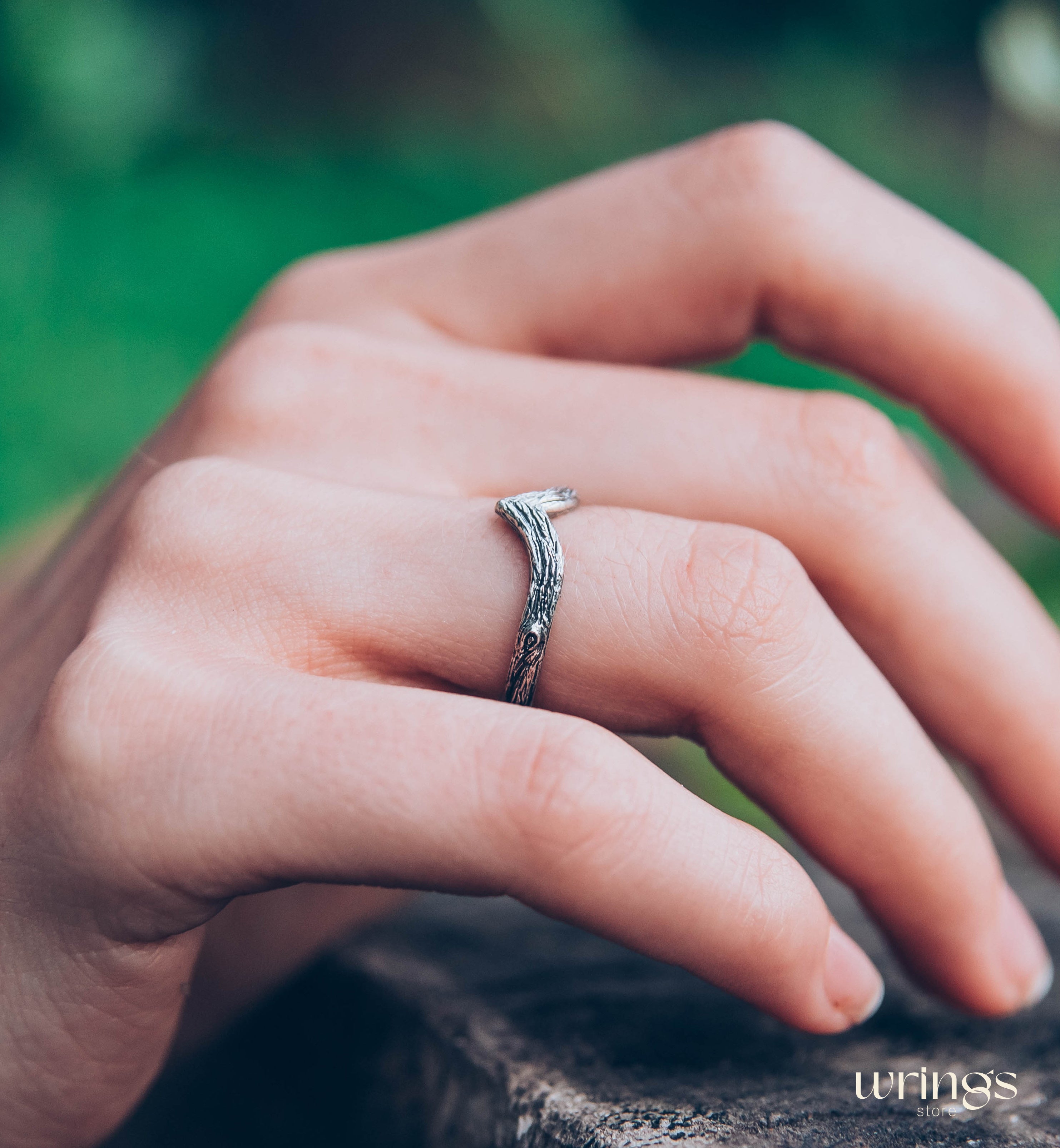 Tree bark Silver Simple Chevron Wedding Band