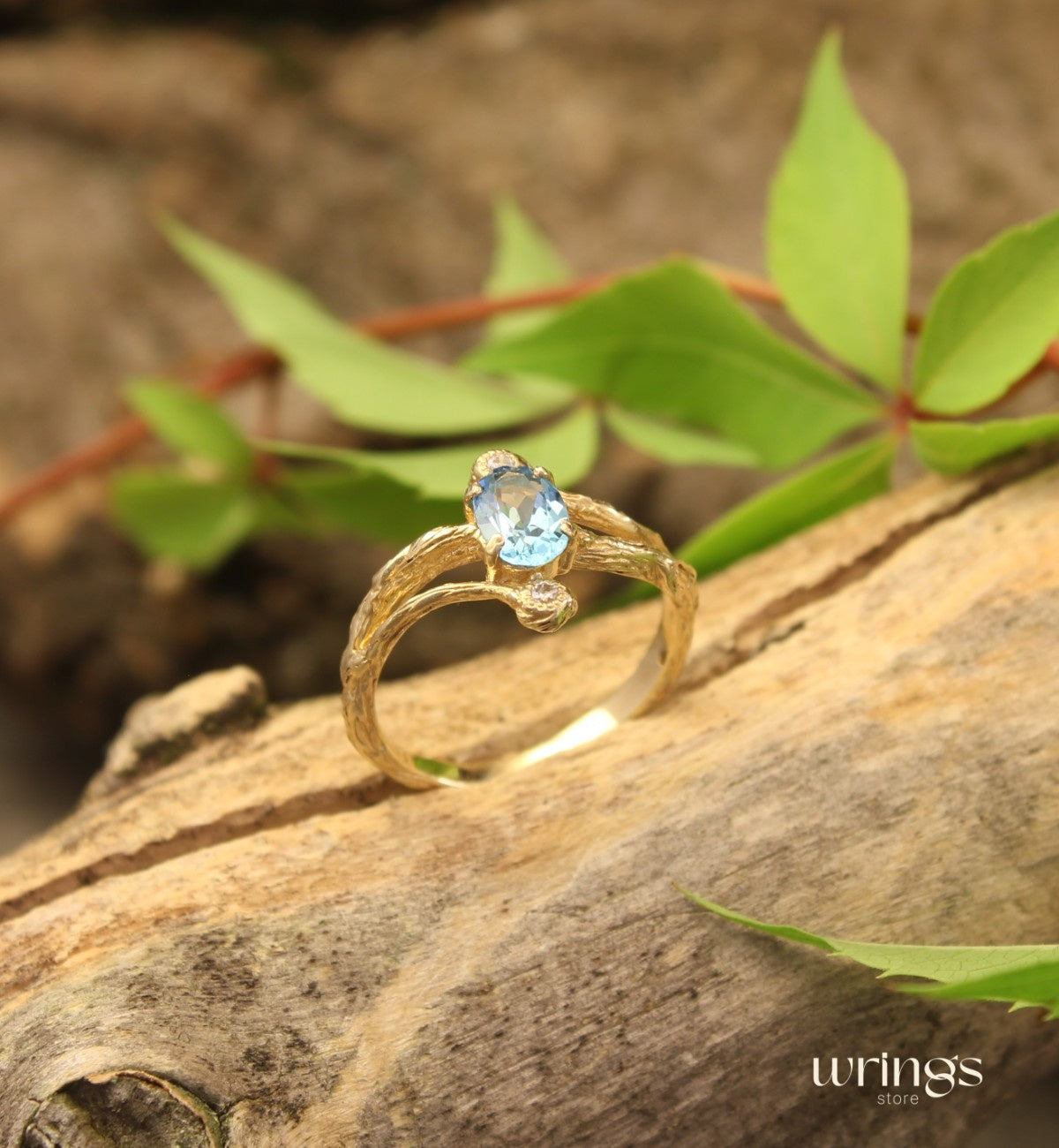 Split Branch Three Stone Topaz Engagement Ring 14k Gold