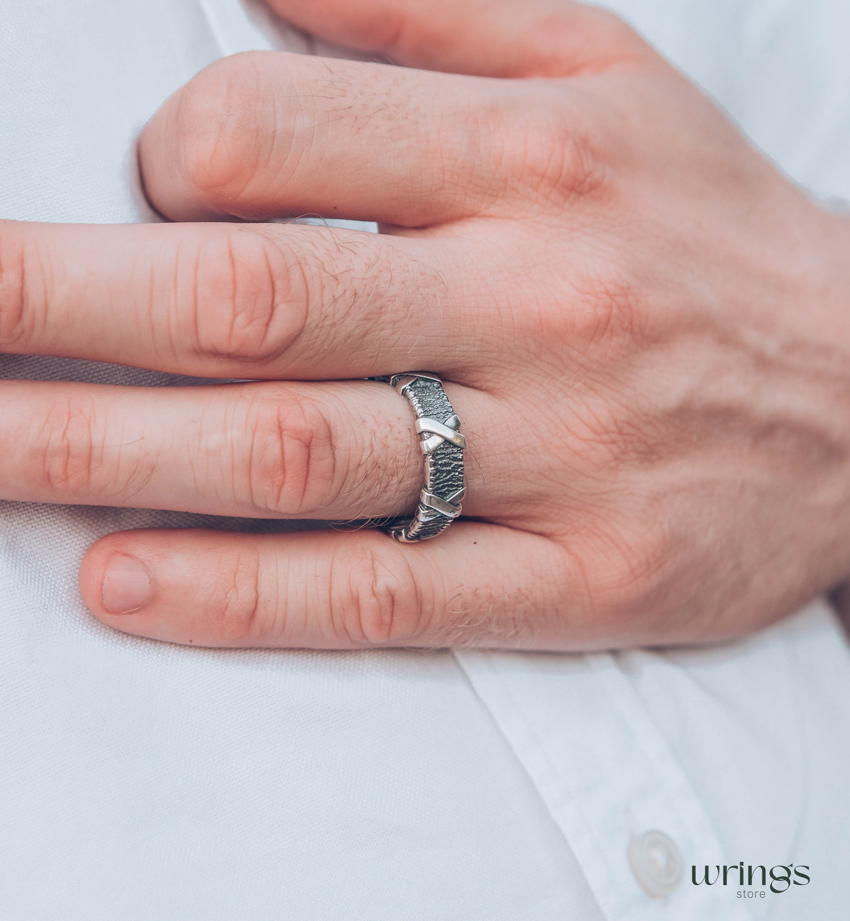 Cross and Tree bark Men's durable Ring — Wild Nature Wedding Band