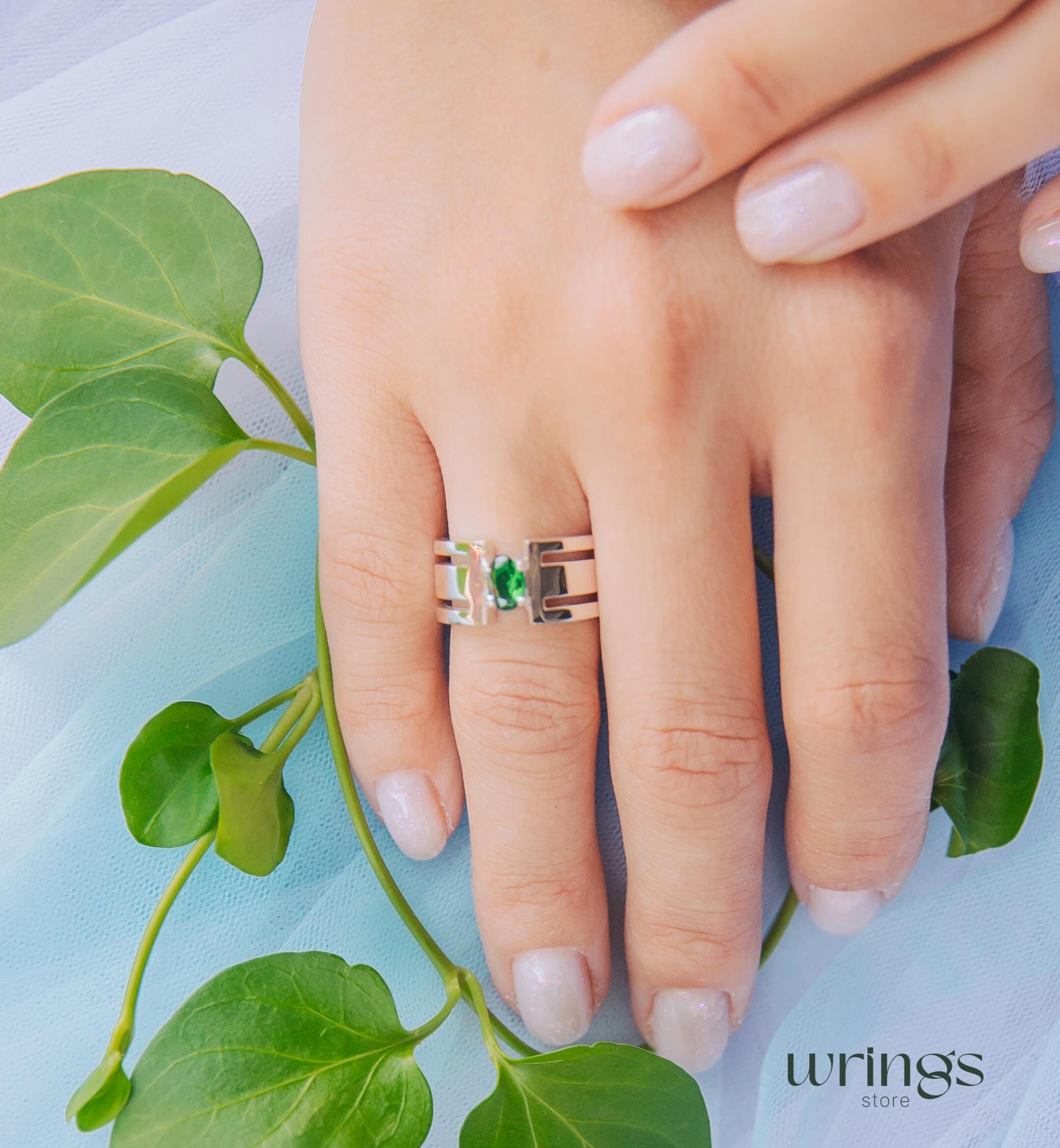 Green Oval Stone Extra Wide Wedding Band Solid Silver