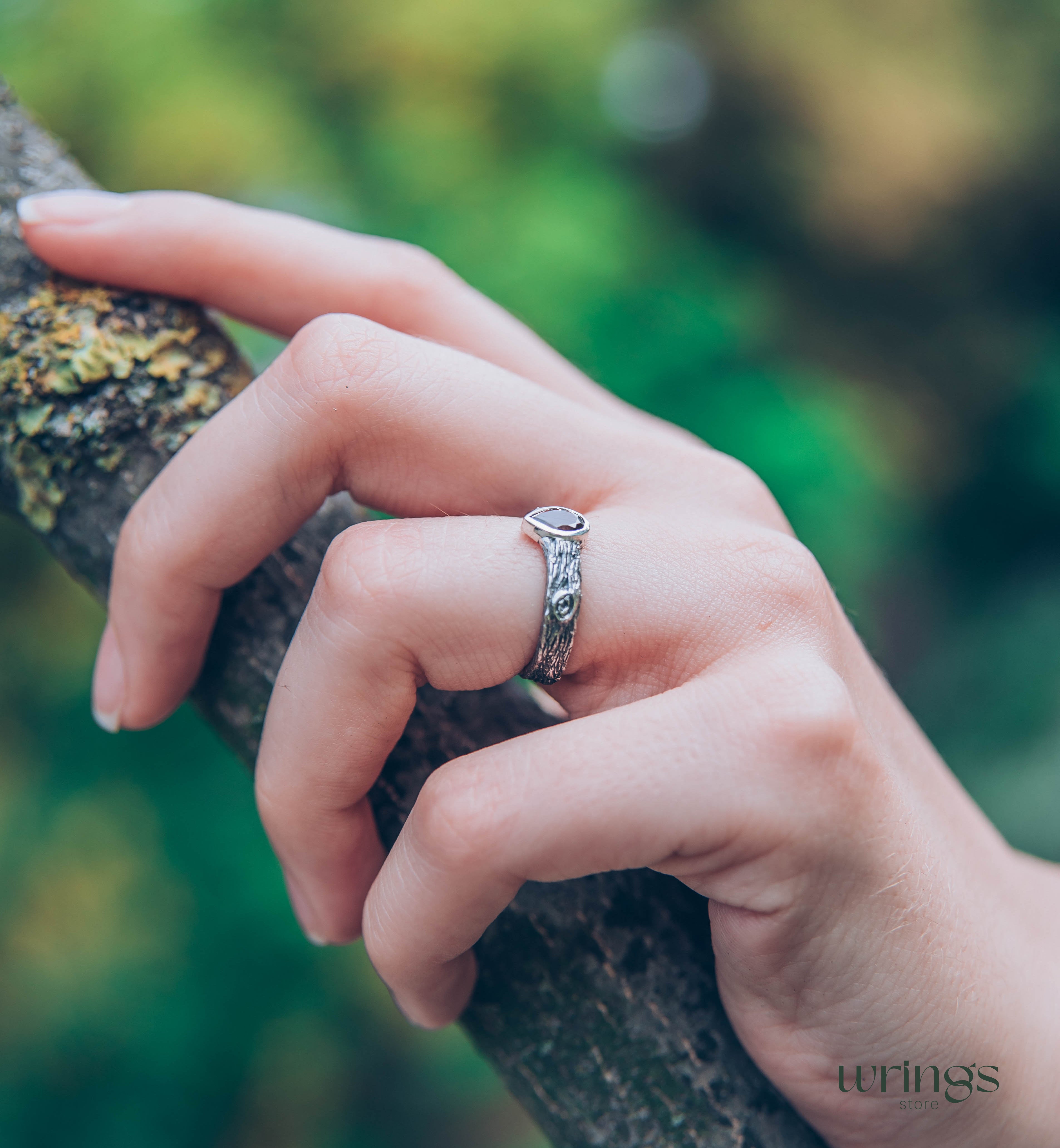 Pear cut Garnet Ring with Sterling Silver Tree bark