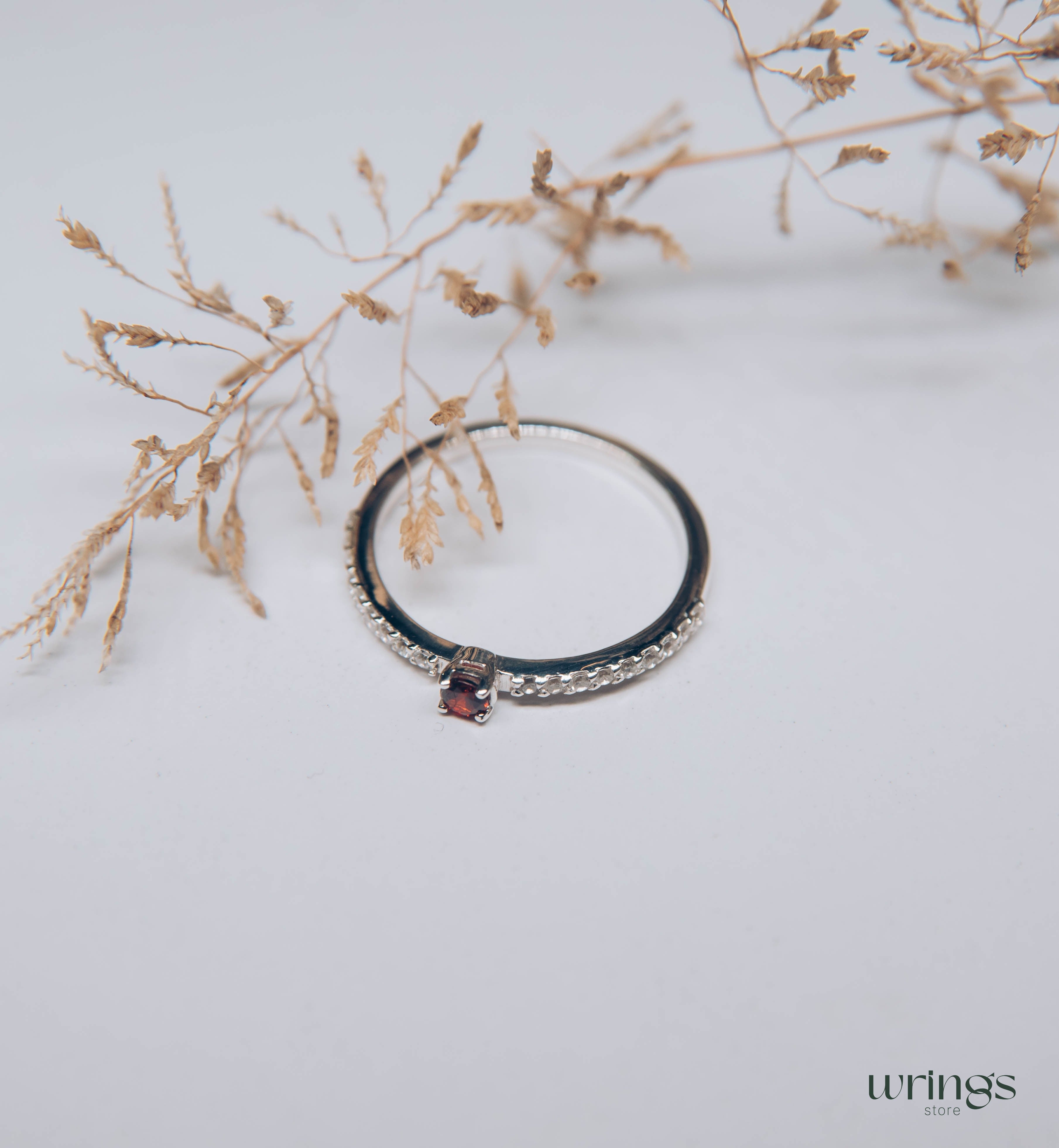 Dainty Garnet & Side Stones Silver Engagement Ring