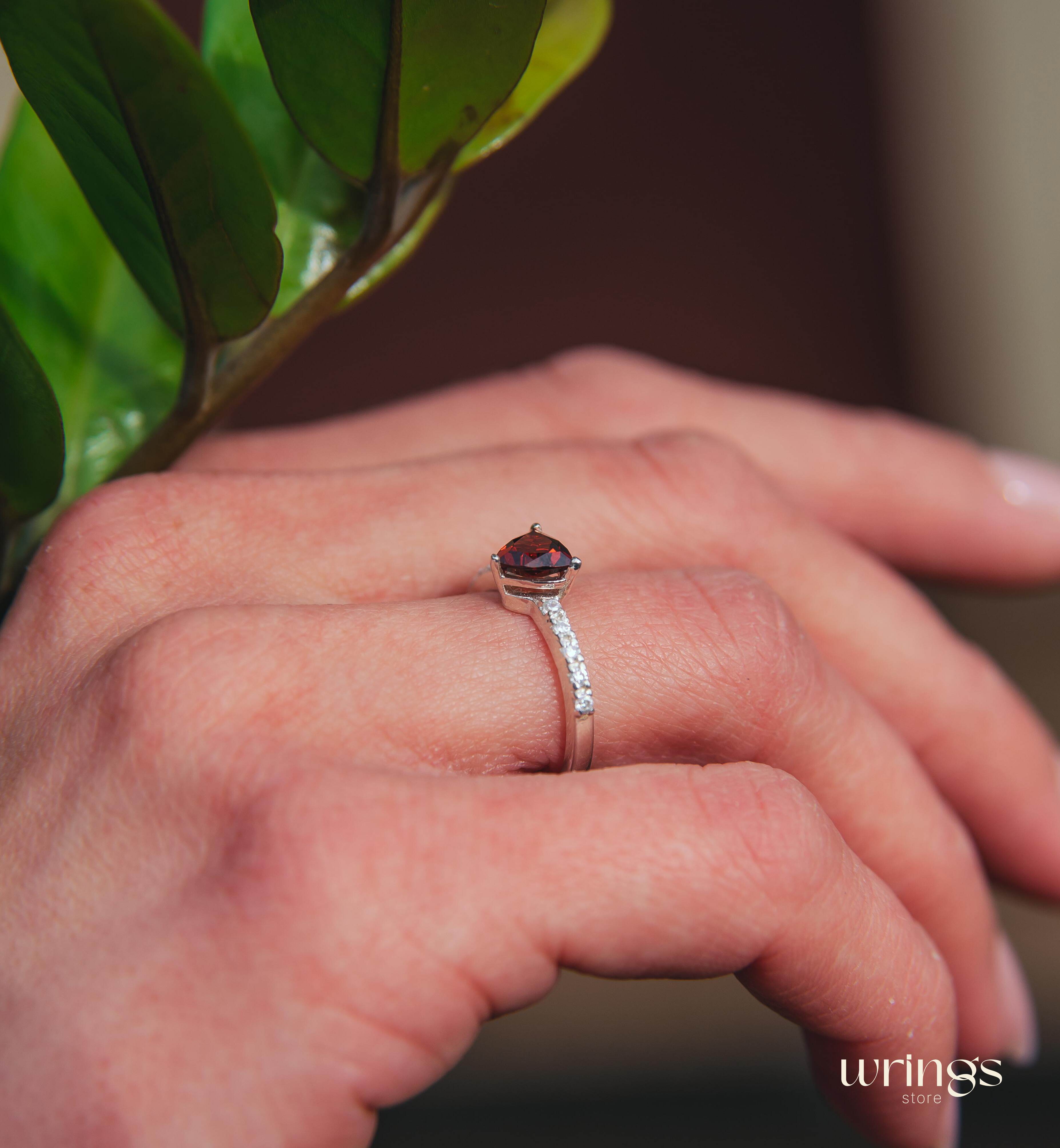 Trilliant Garnet Engagement Ring Silver & Side CZ Stones