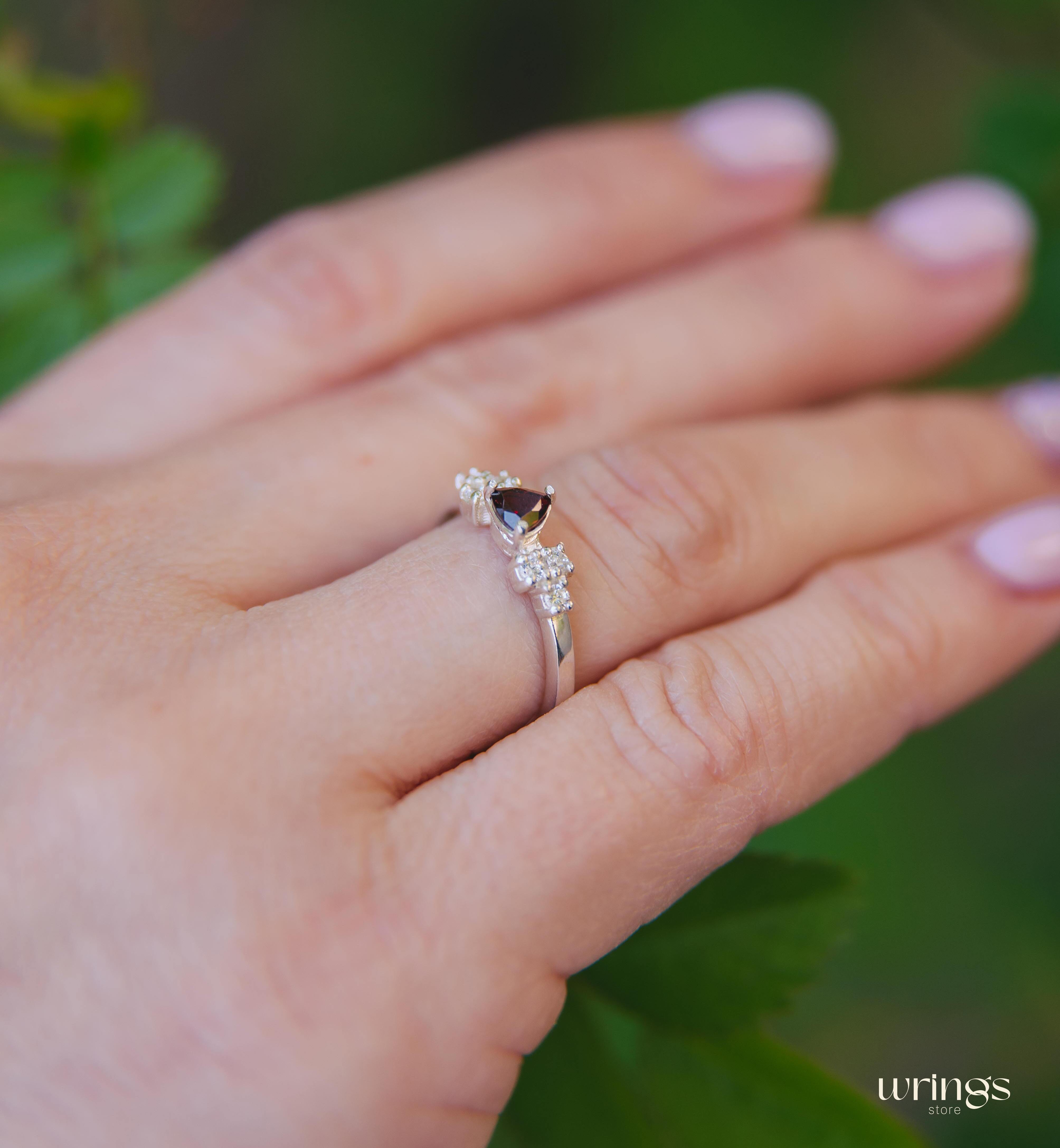 Silver Cluster Engagement Ring Trillion Garnet center & CZ
