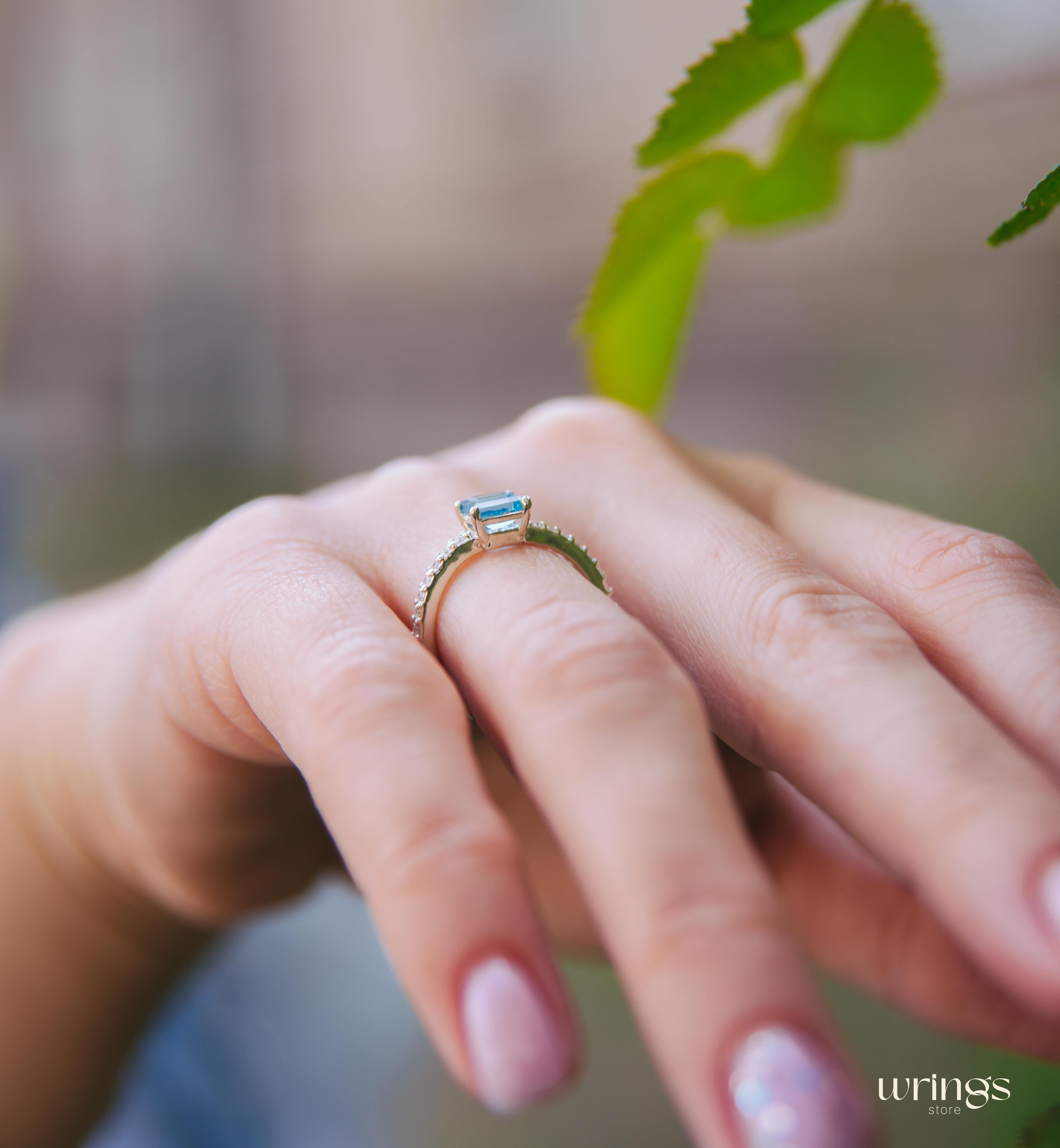 Square Blue Topaz Engagement Ring Silver & CZ Side Stones