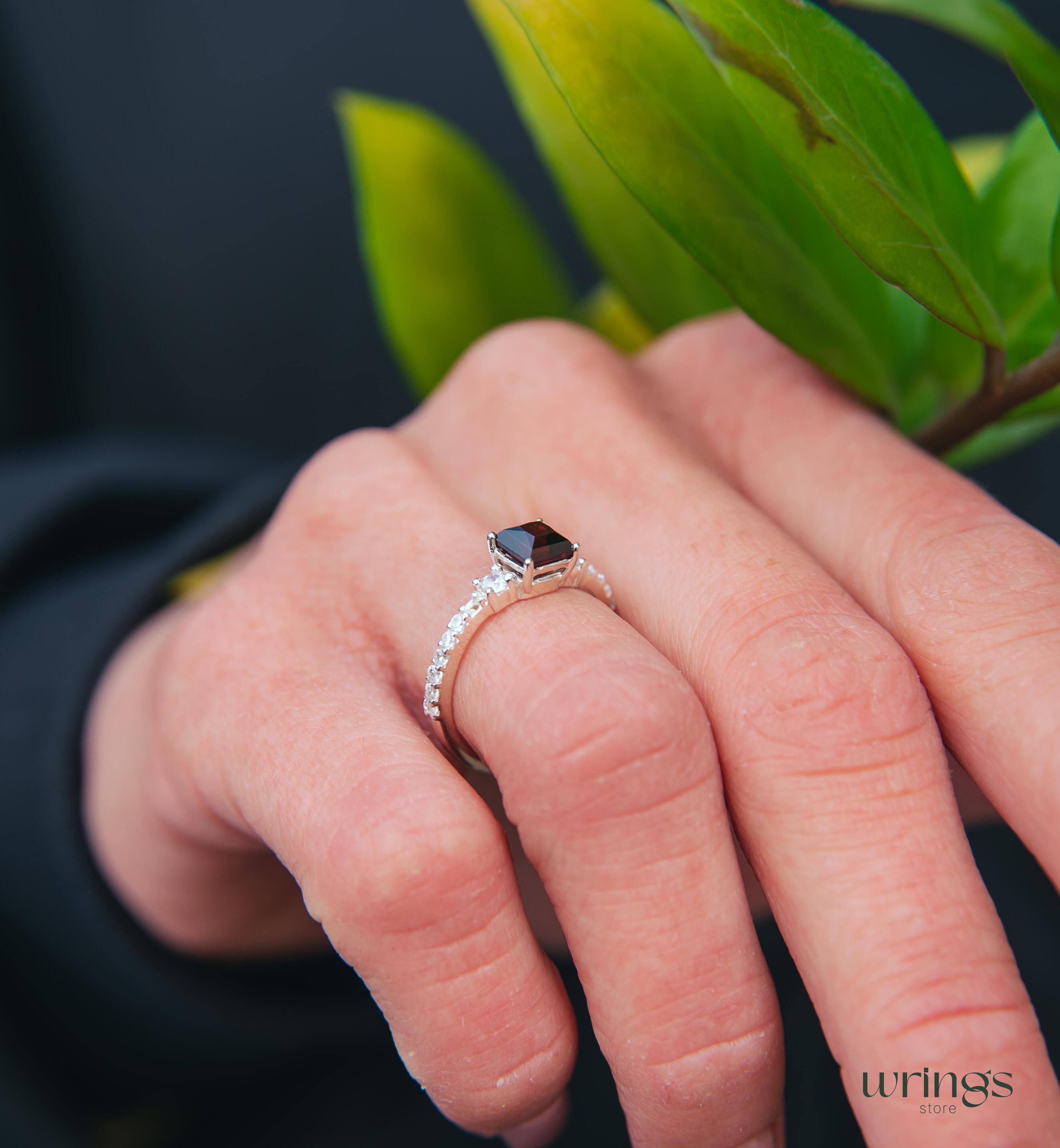Square Cut Garnet Engagement Ring Silver with accents