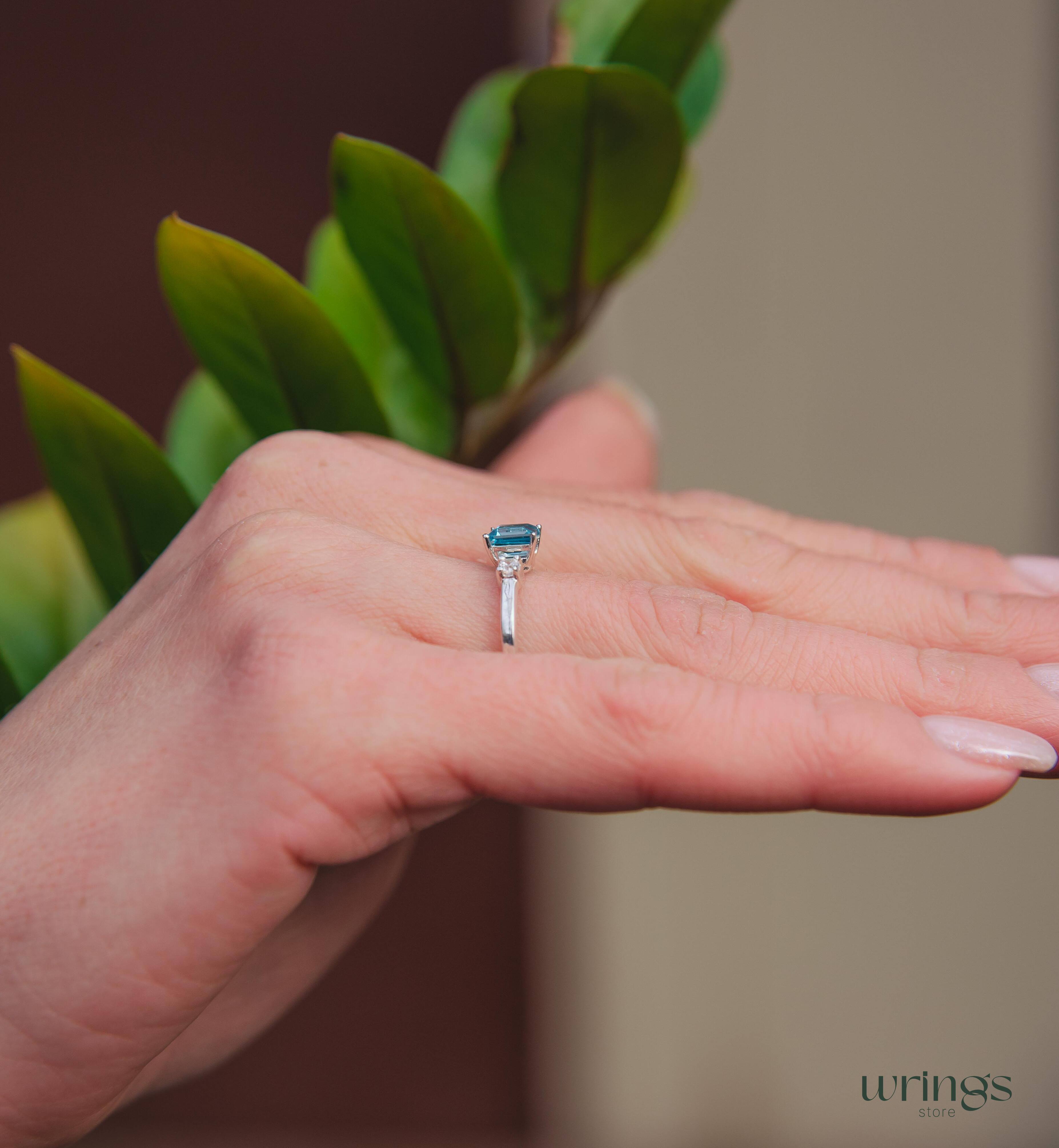 Square Swiss Topaz 3 Stone Engagement Ring Silver