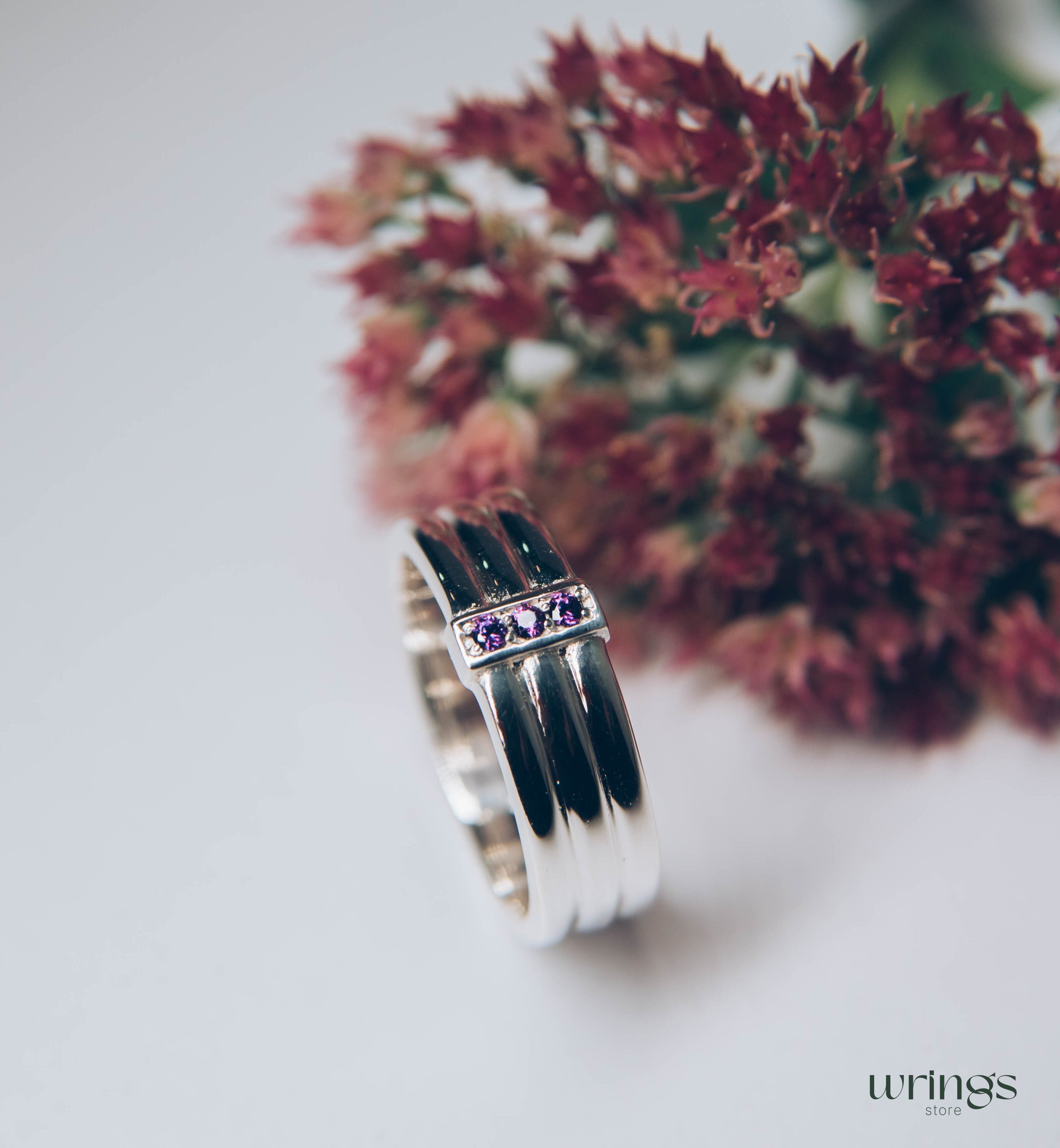 Three Amethysts Straight Triple Ring in Sterling Silver