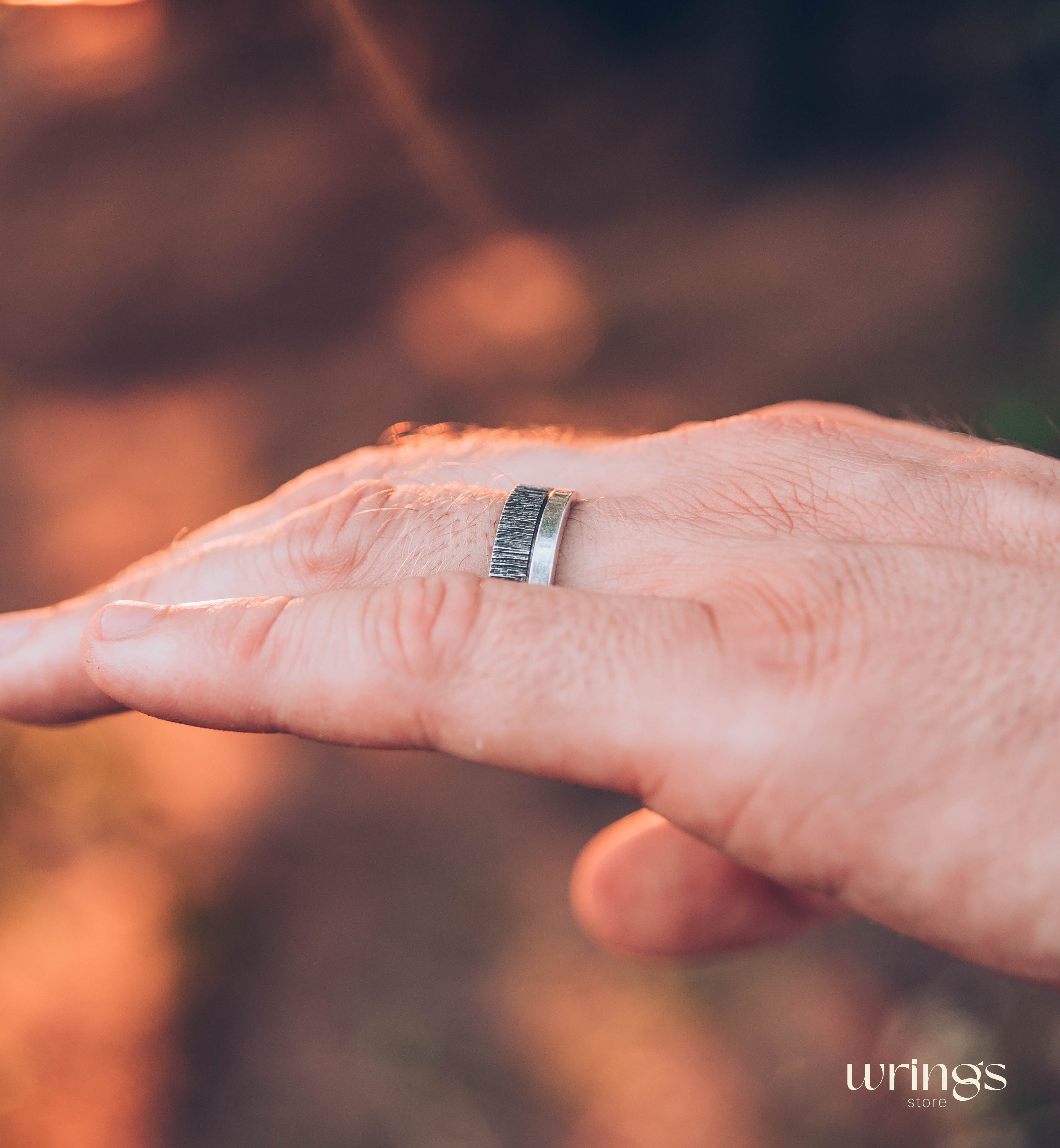 Double Textured Silver Tree Bark Wedding Band Rustic Style