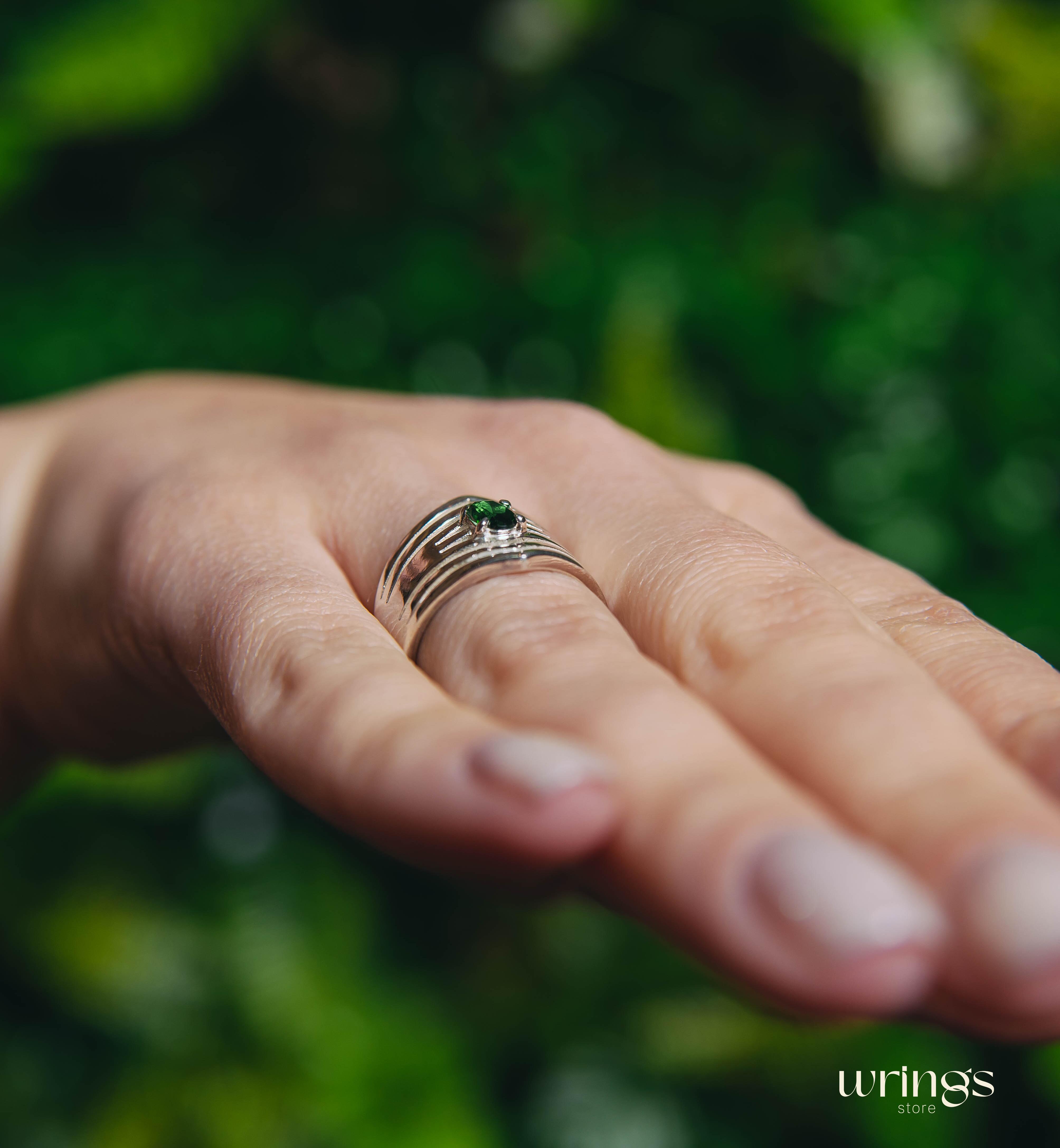 Wide Double Chevron Silver Band with LG Emerald