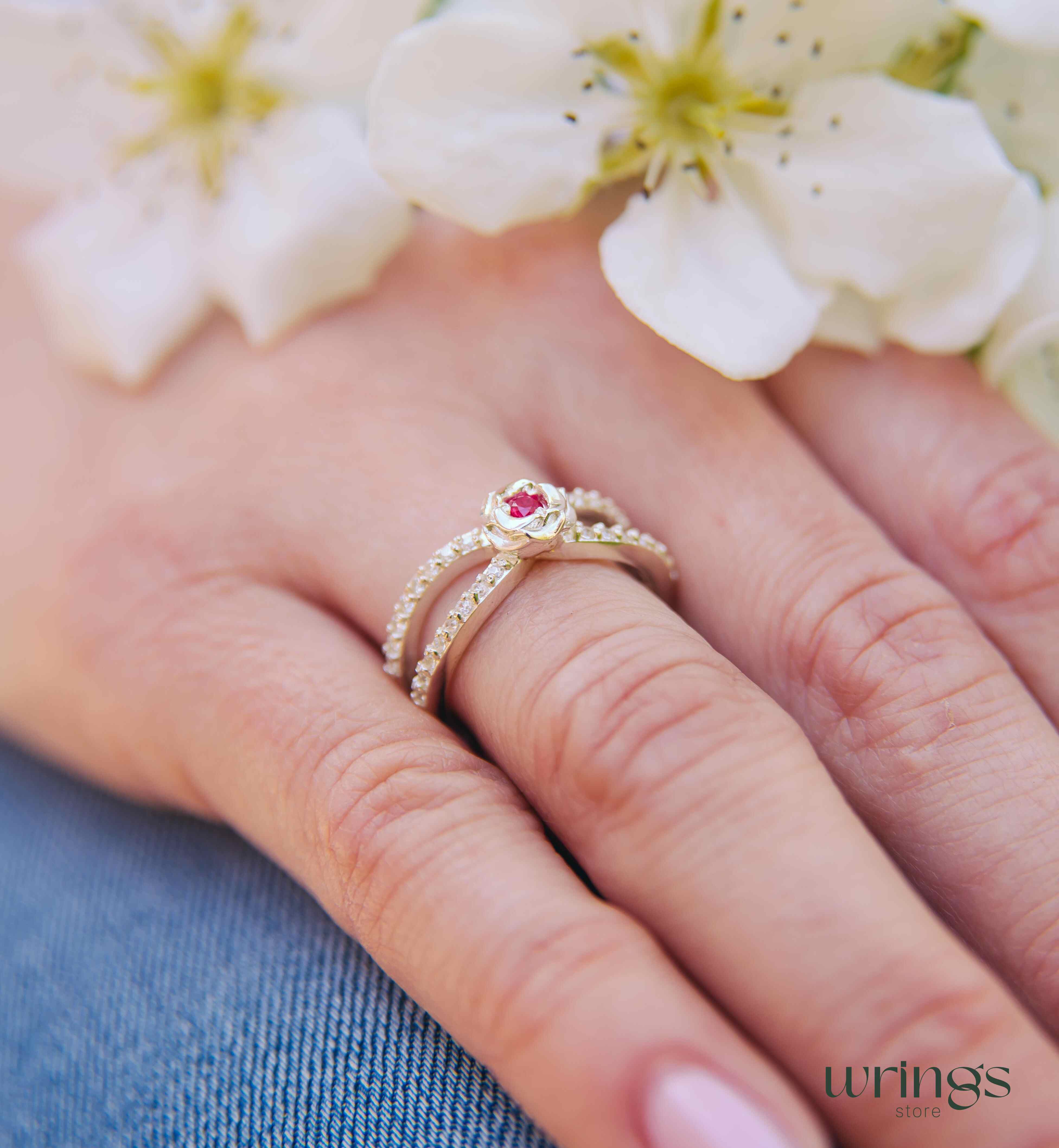Pink Sapphire Flower Ring Multi Stone Split Shank 925