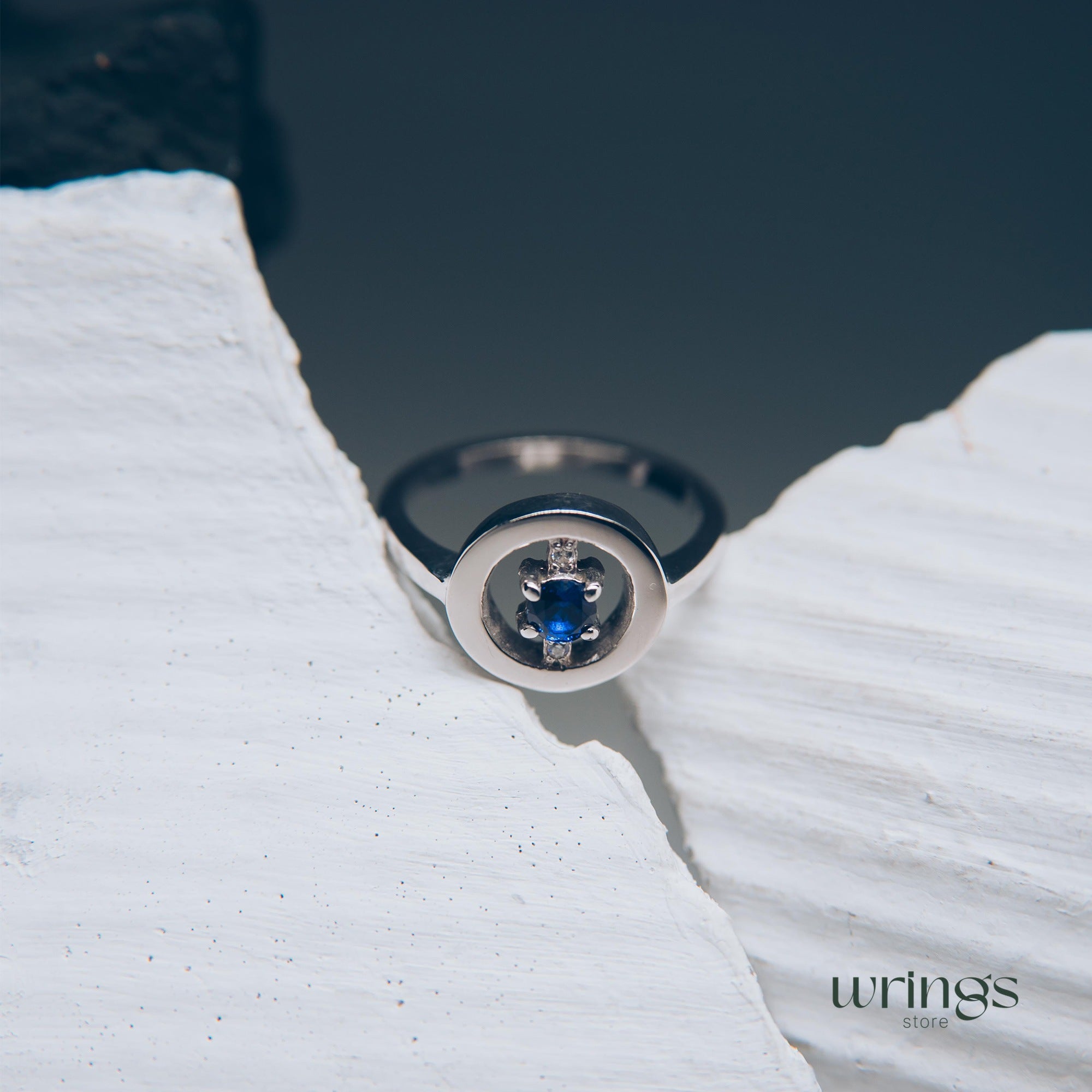 Blue Sapphire & CZ Silver Round Open Engagement Ring