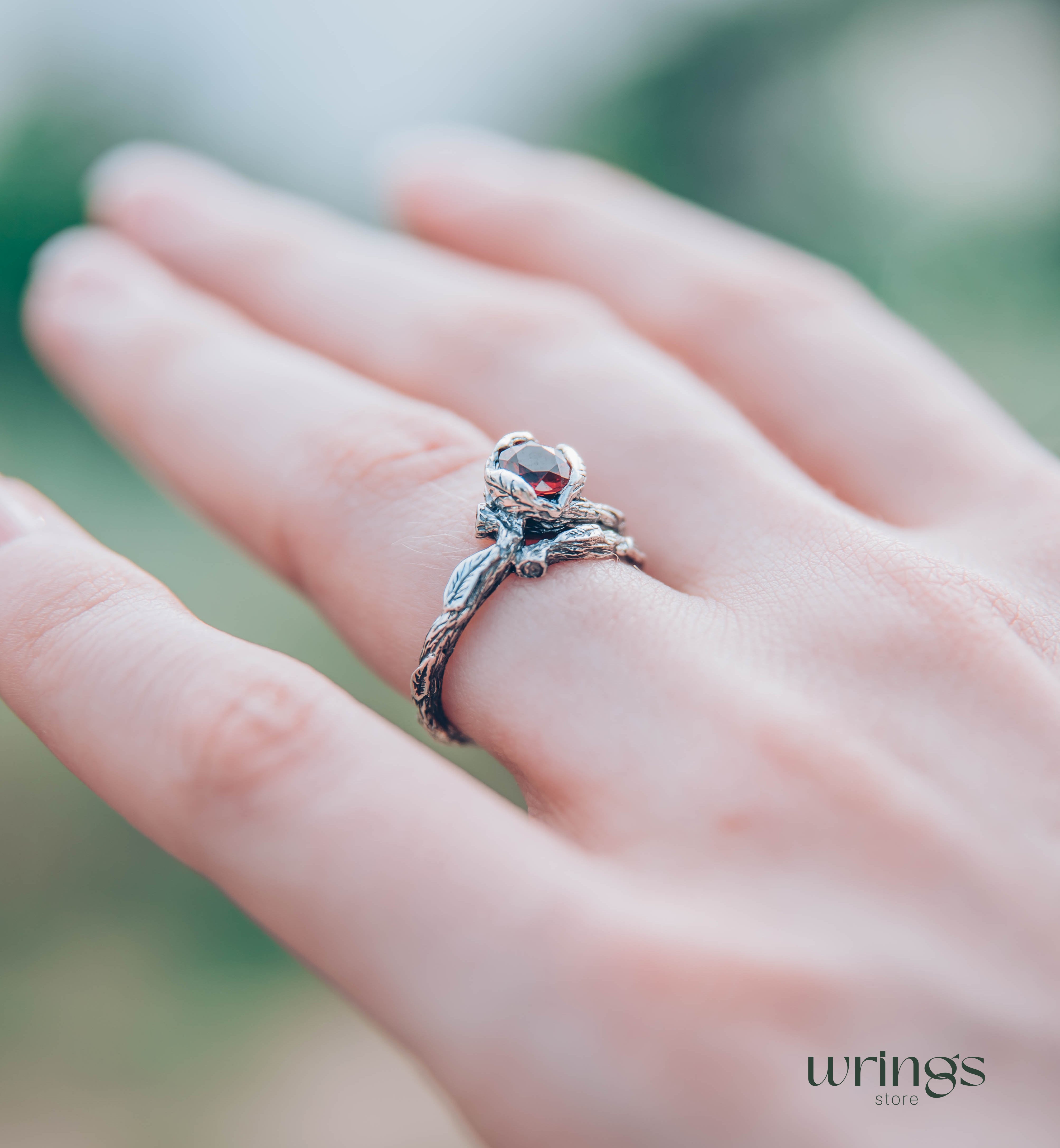 Unusual Branch and Leaves Silver Garnet Engagement Ring
