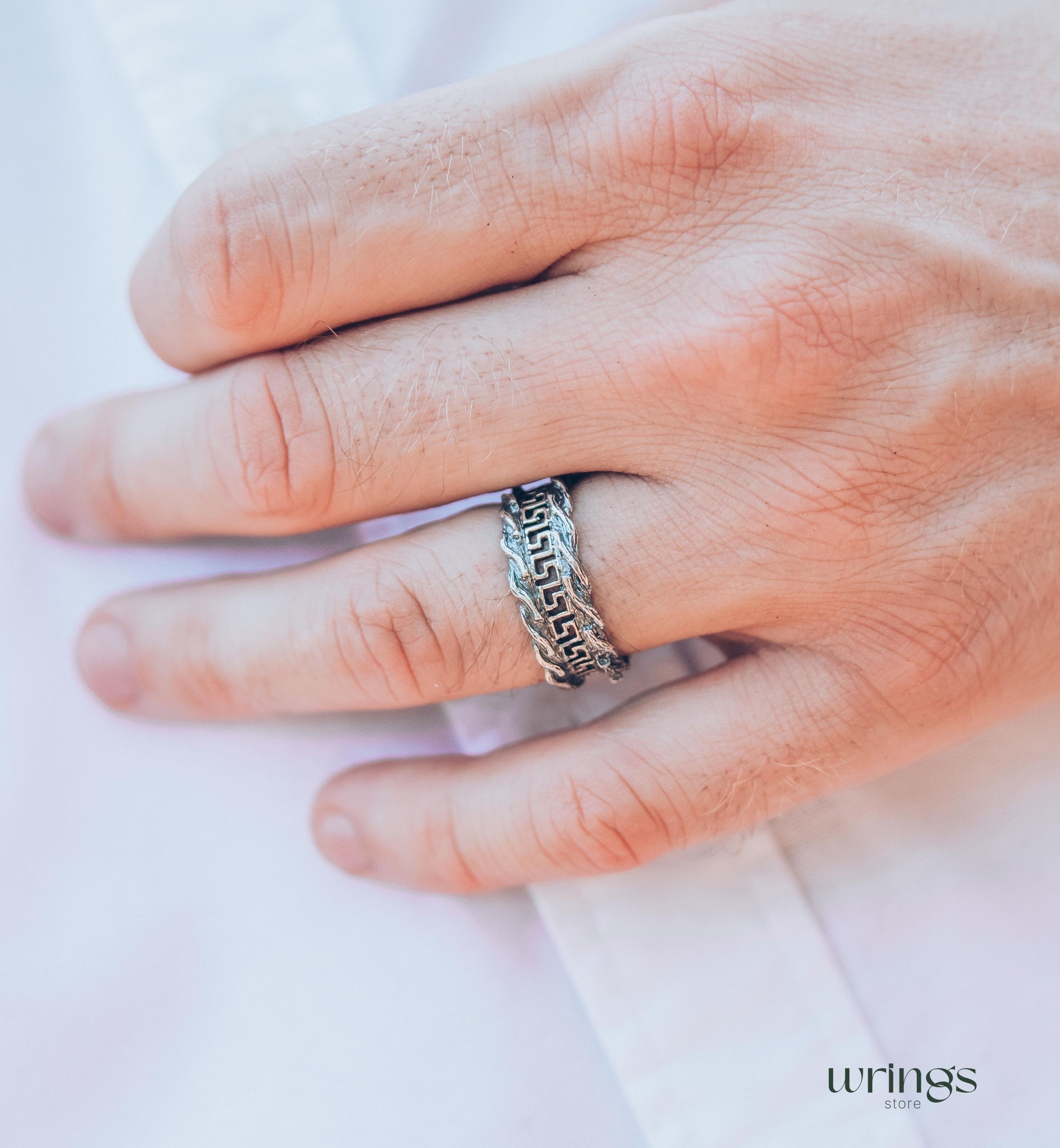 Men's Greek key & Tree bark Silver Wedding Band