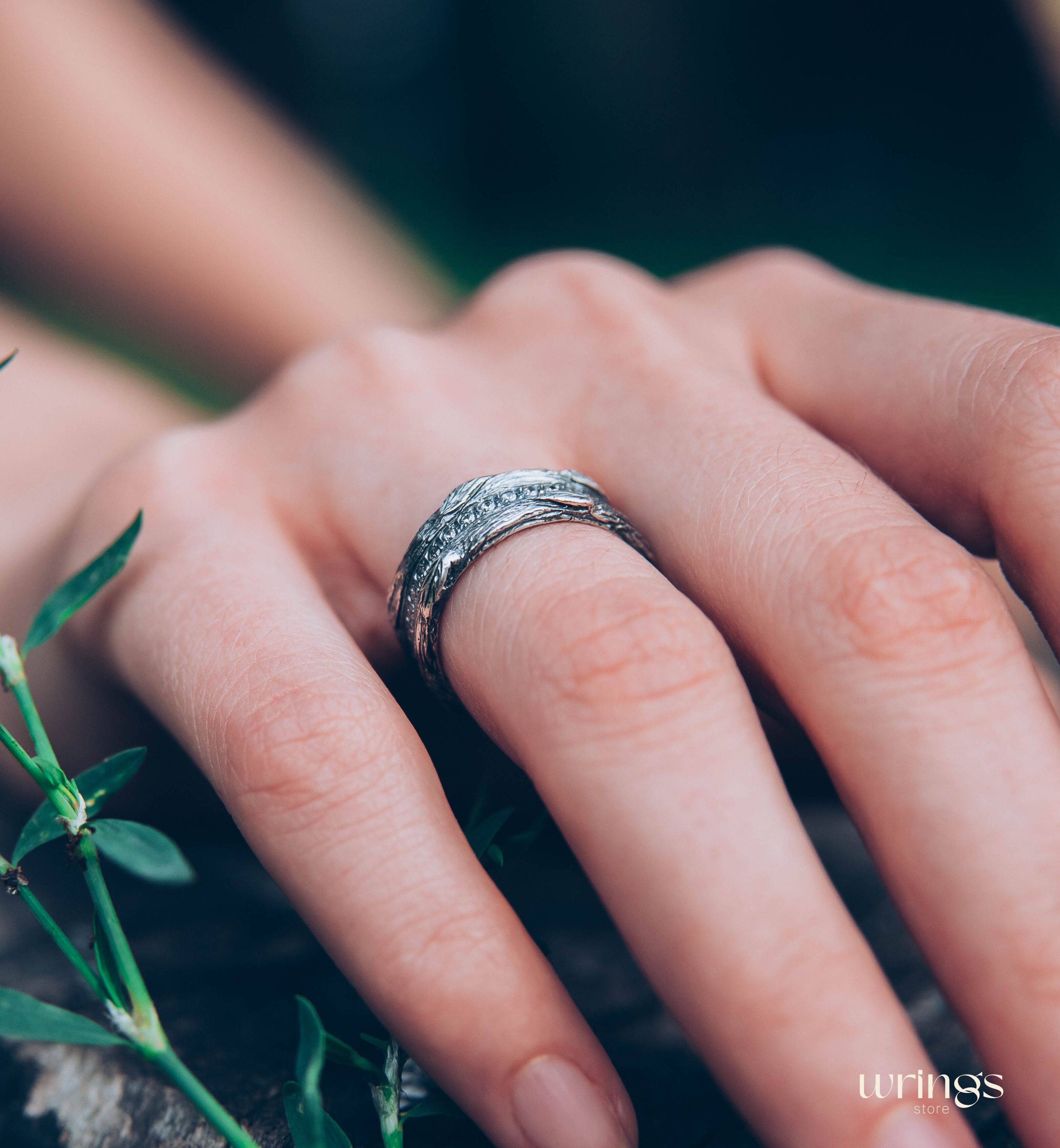 Silver Eternity Ring Wood Leaves and White Stones