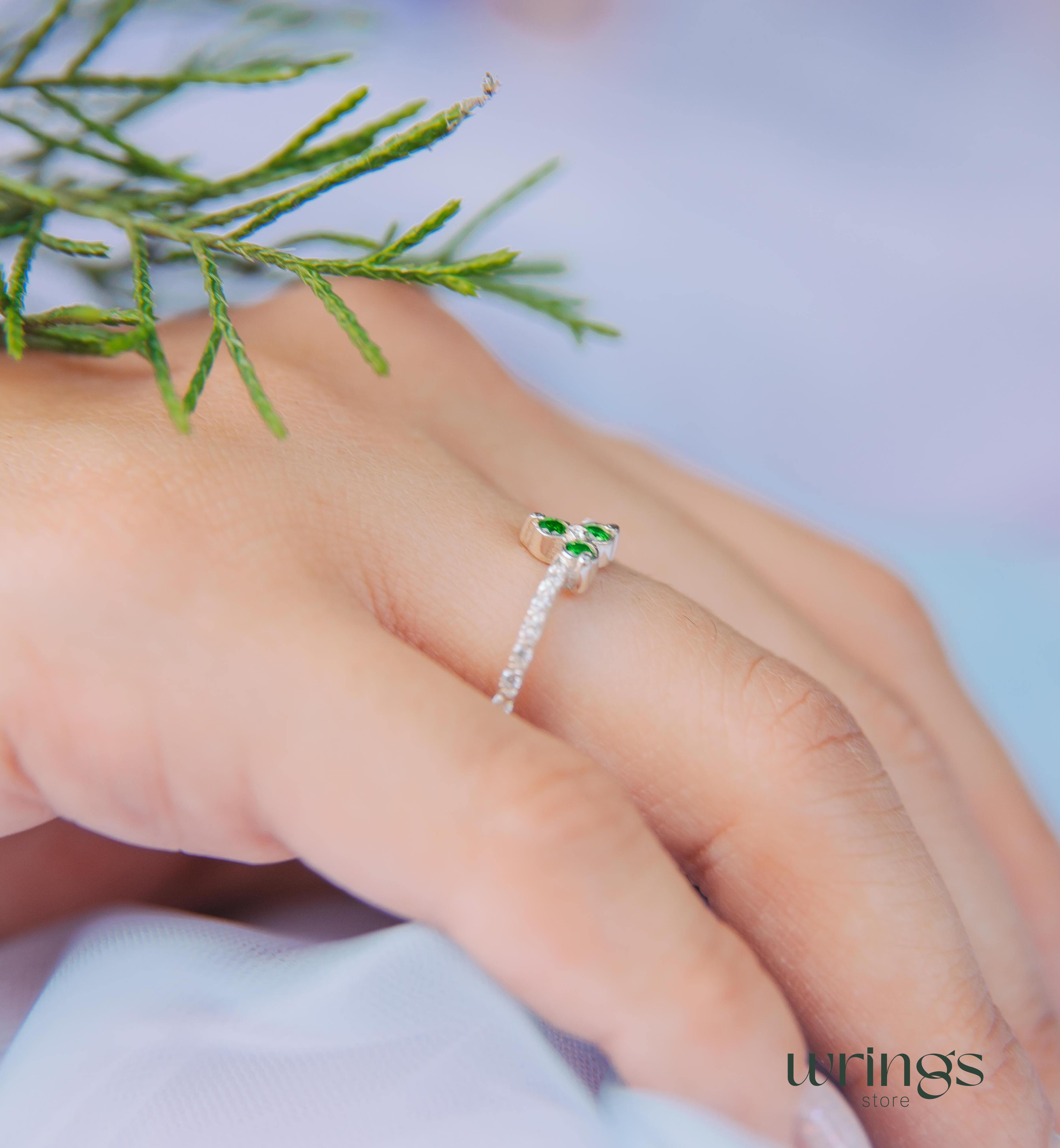 Natural Emerald Three Stone Wedding Ring with Sparkling CZ
