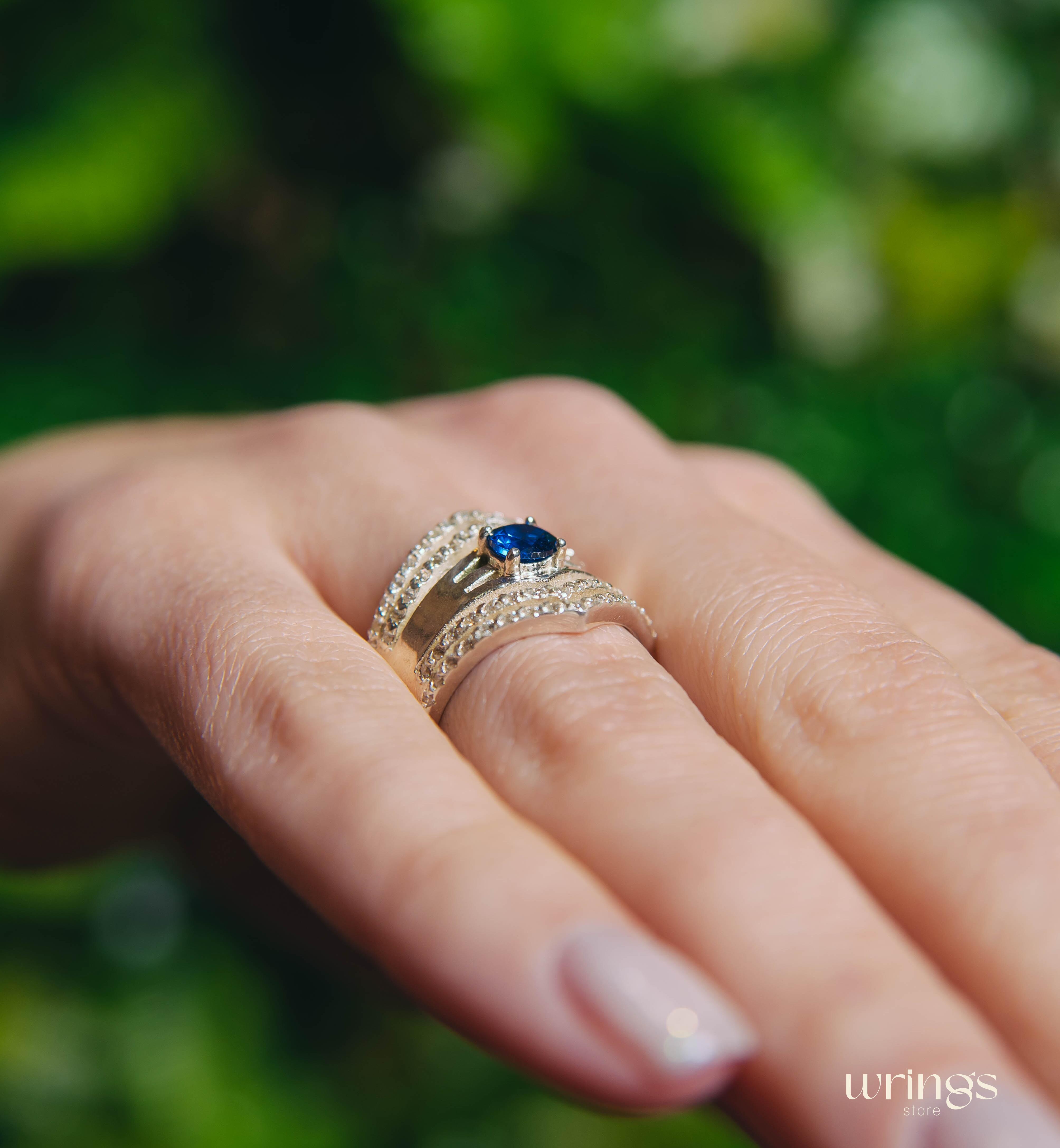 Double Chevron Band LG Blue Sapphire and Diamonds CZ