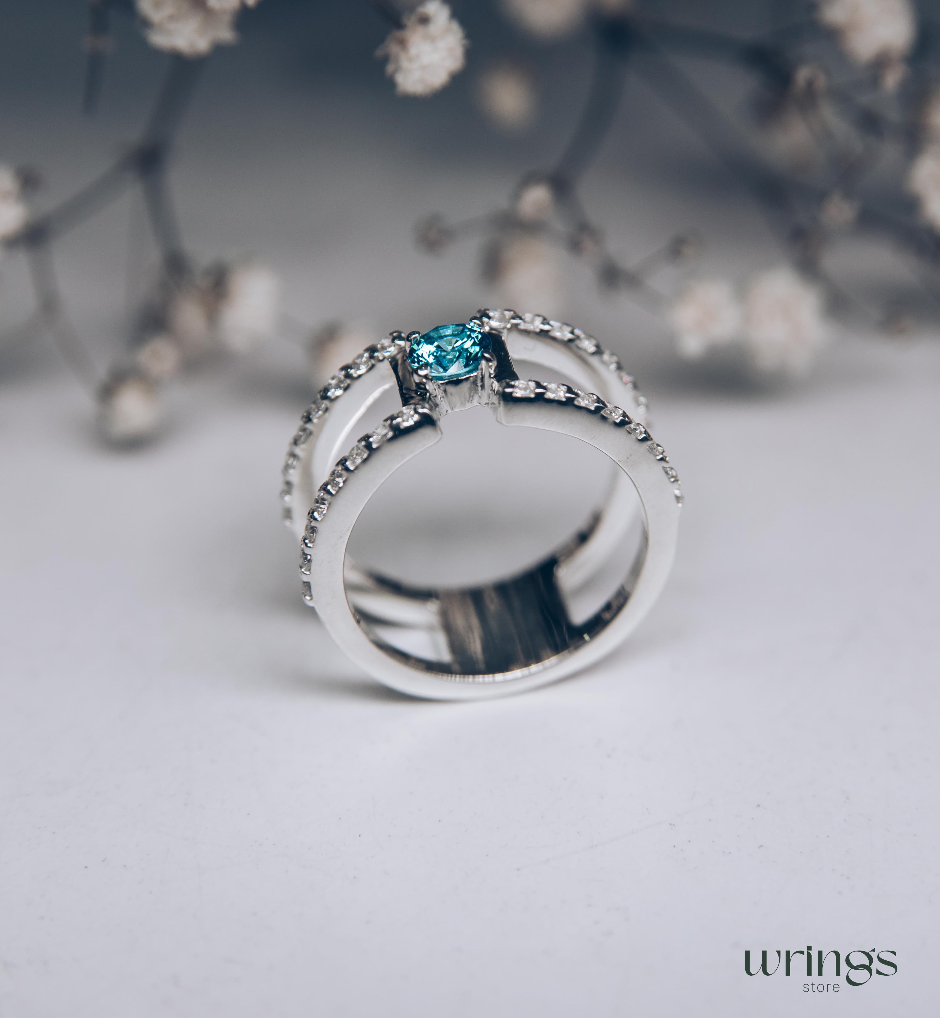 Double Band Silver Statement Ring Topaz and Diamonds
