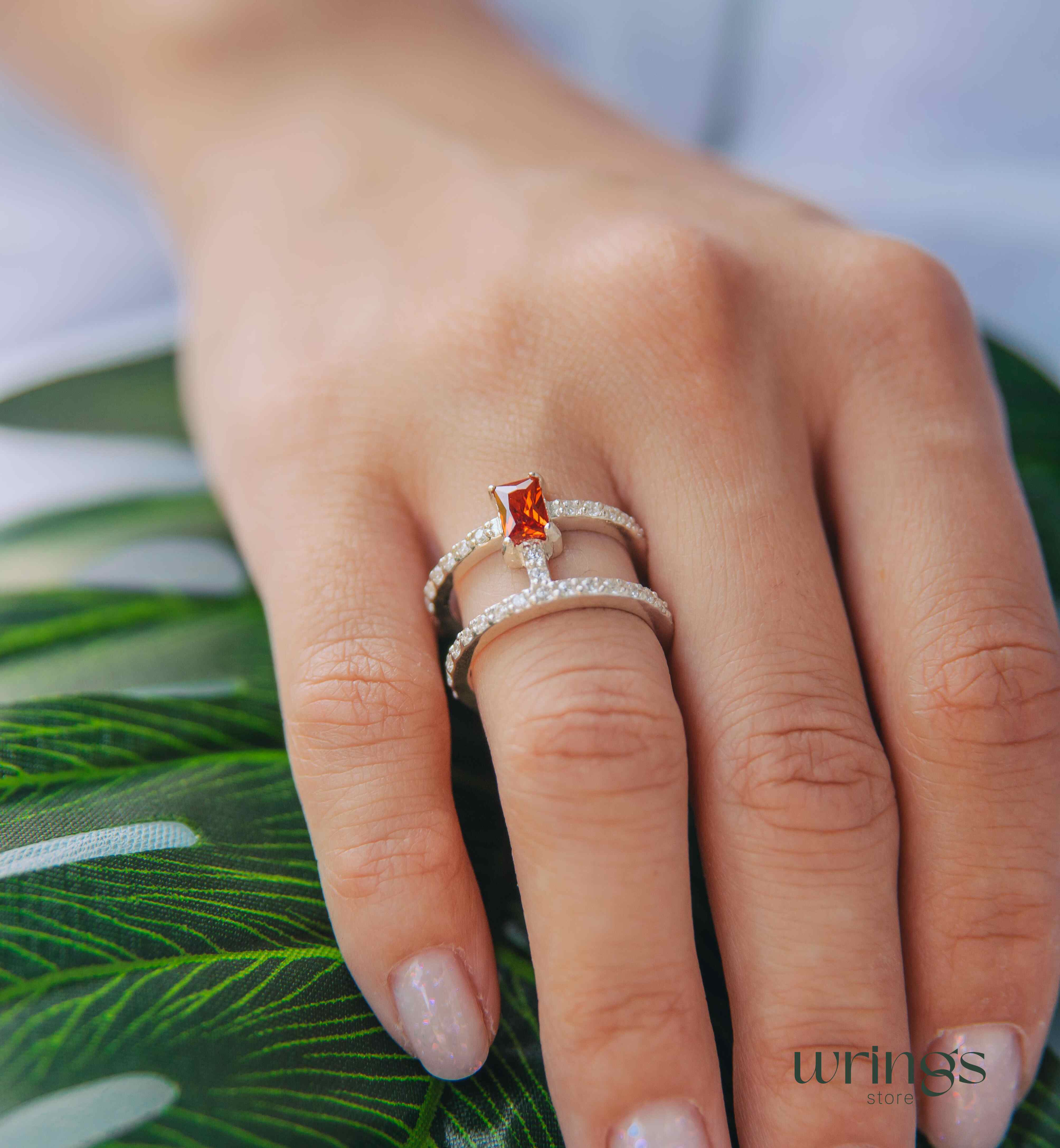 Garnet Two Band Engagement Ring Multiple CZ Stones