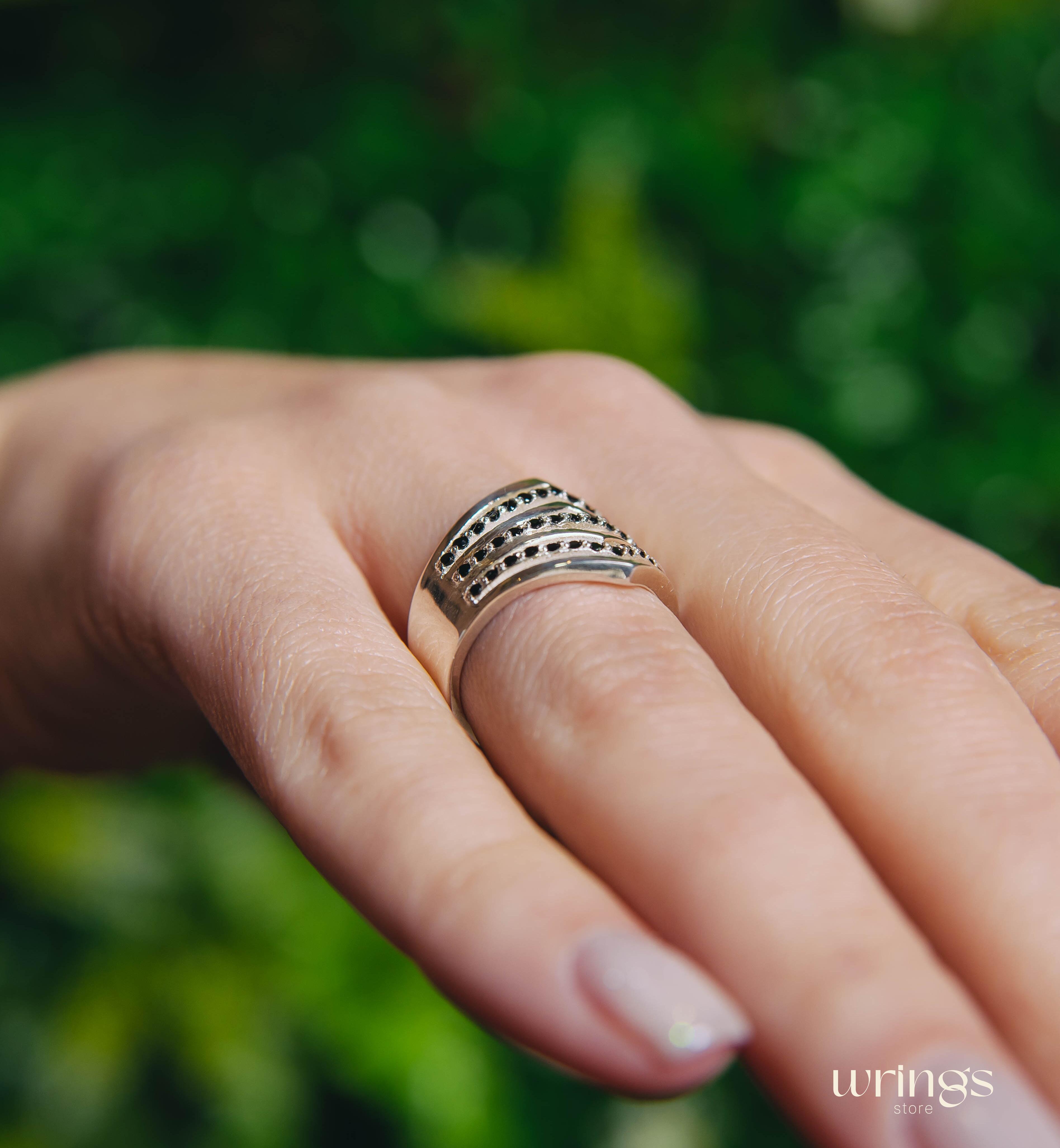 Extra Wide Silver Dome Ring Double Chevron Black Stones