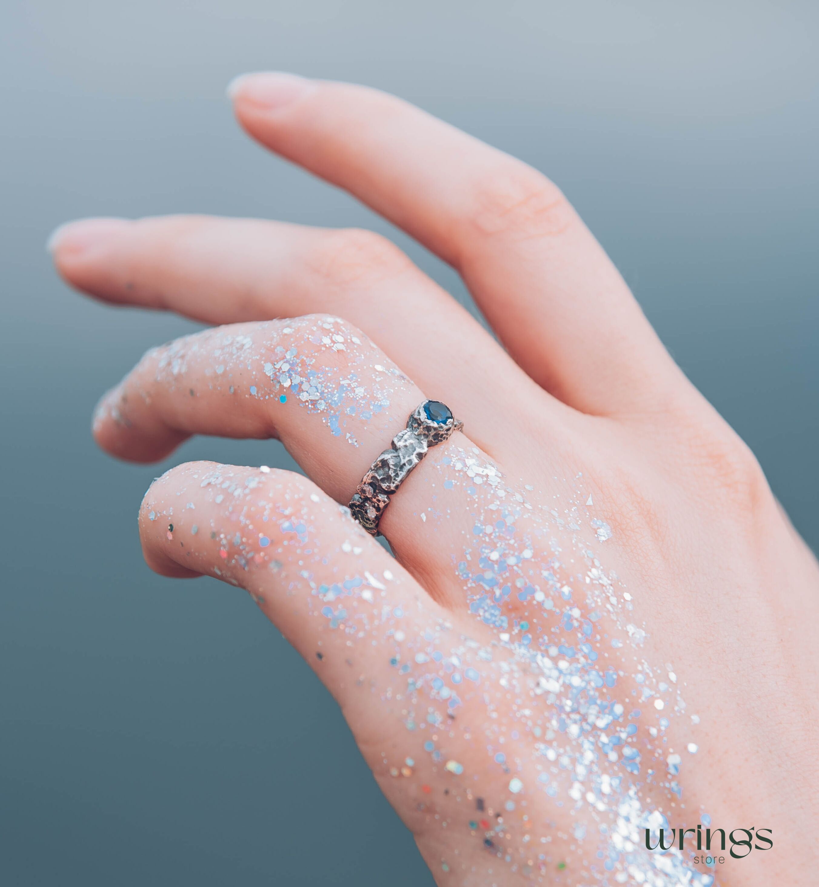 Sapphire Women's & Men's Hammered Sterling Silver Ring