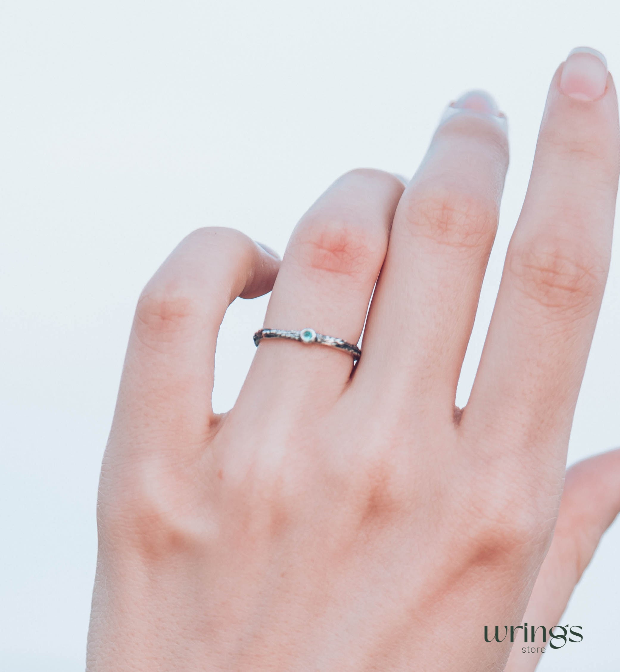 Extra Tiny Silver Branch Wedding Band with Emerald