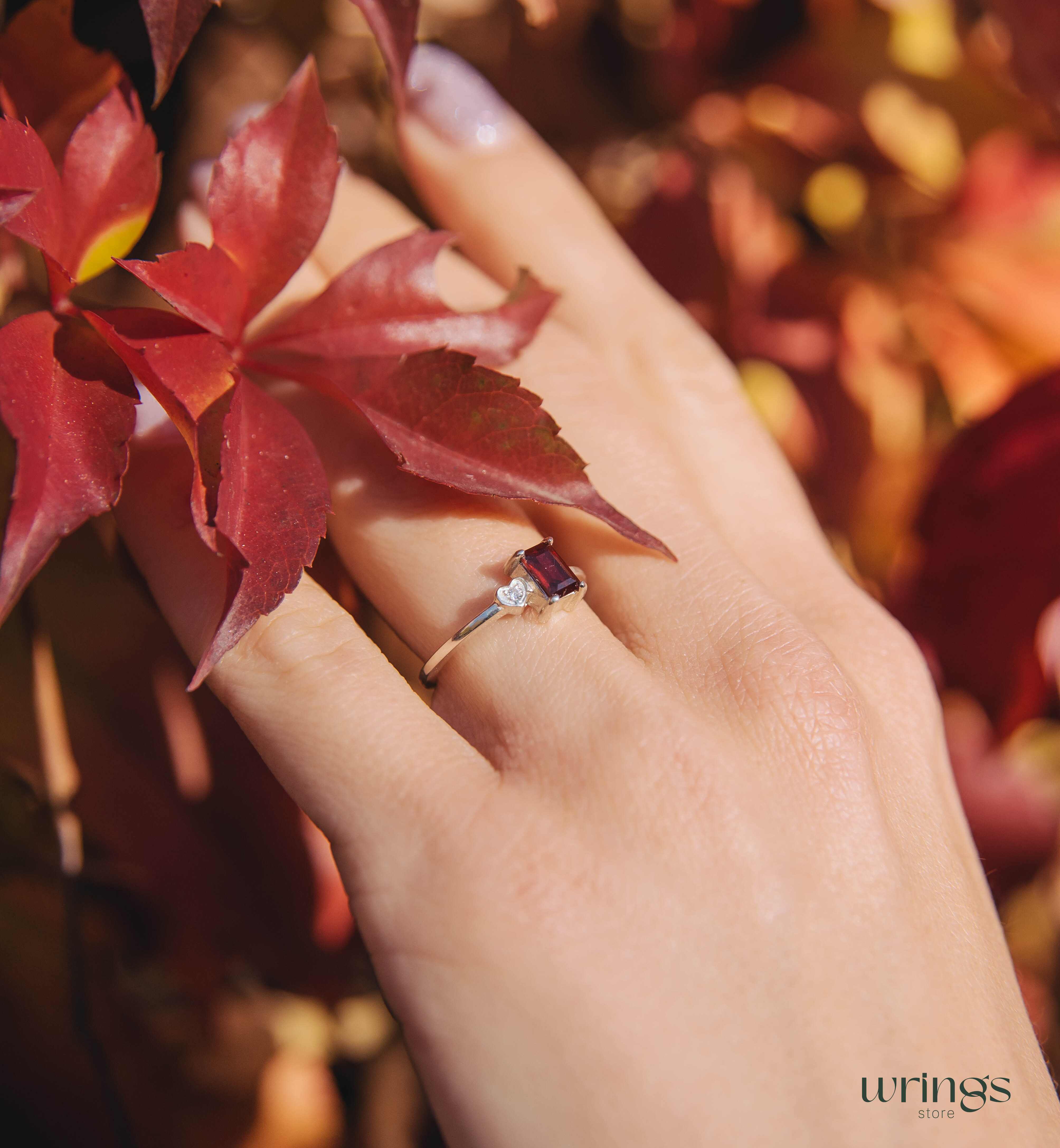Silver Garnet Engagement Ring & Side Stone CZ in Heart