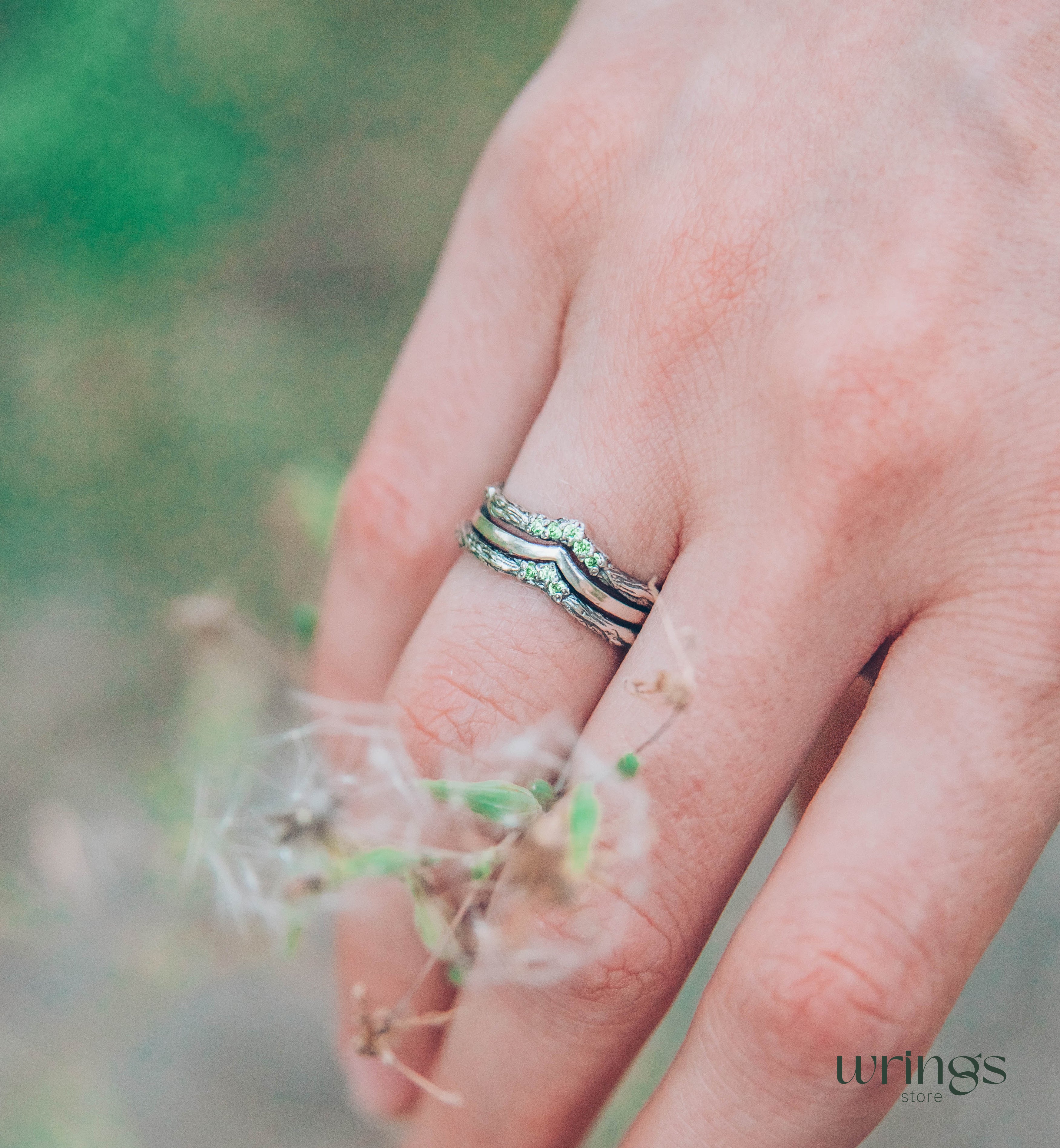 Silver Chevron Wedding Ring with Cute Tiny Emeralds