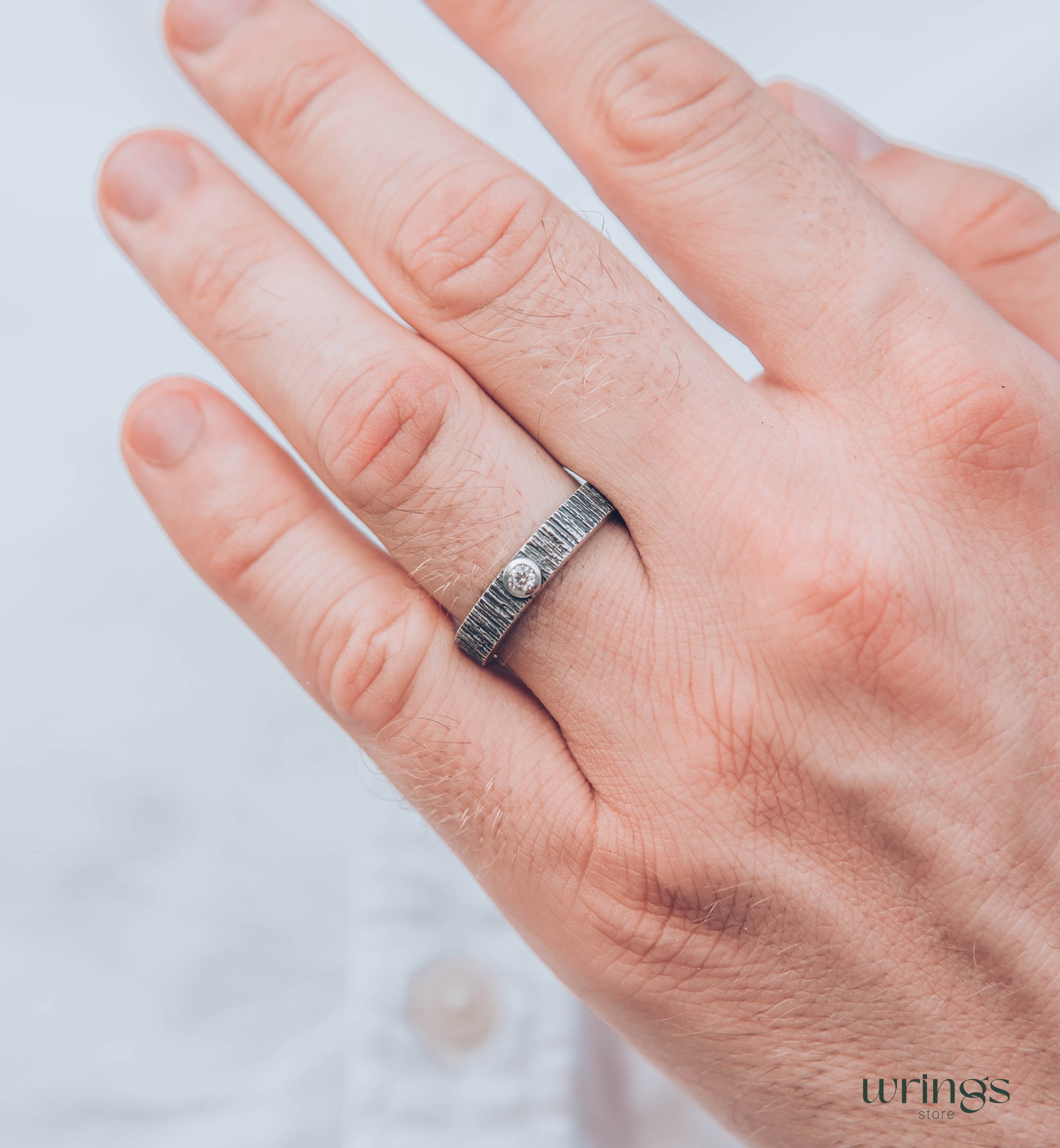 Bezel Diamond and Tree Bark Textured Silver Wedding Ring